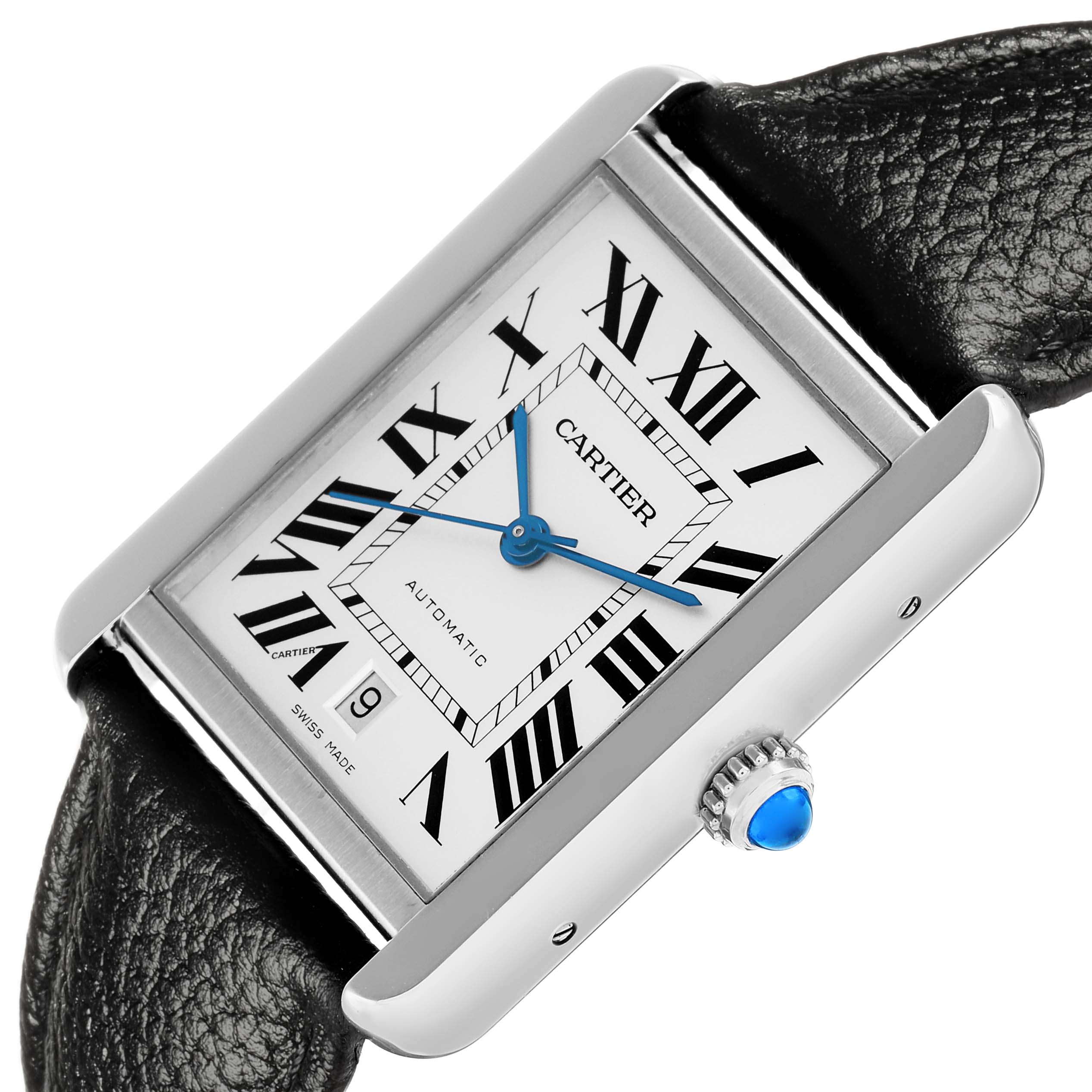 The Cartier Tank Solo W5200027 Men
s Stainless Steel Silver Dial watch is shown at an angle highlighting the face, Roman numerals, and blue cabochon crown.