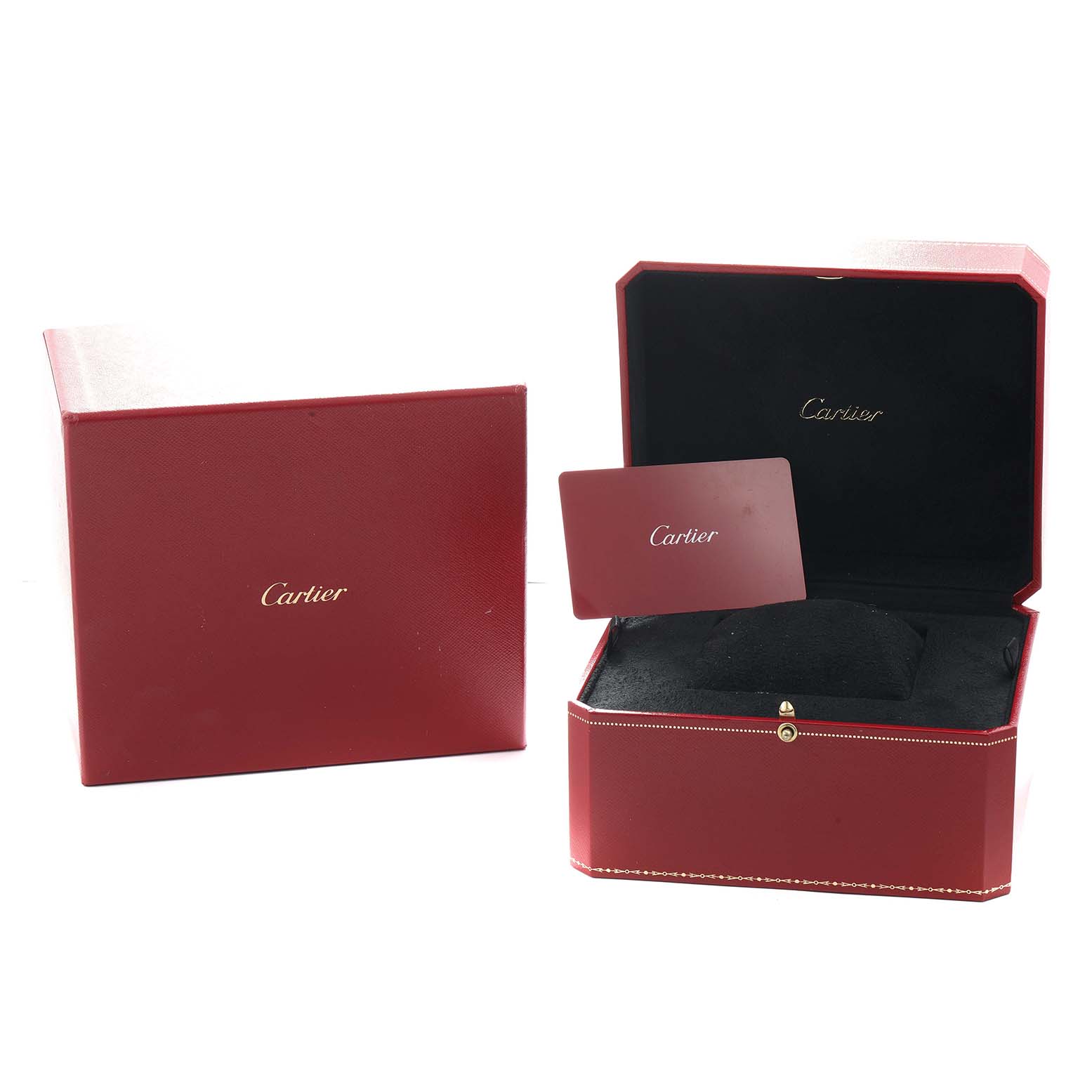 The image shows a Cartier Tank Solo W5200027 Men
s Stainless Steel Silver Dial watch box, an open box with a card, and a closed outer box, viewed from a slight side angle.