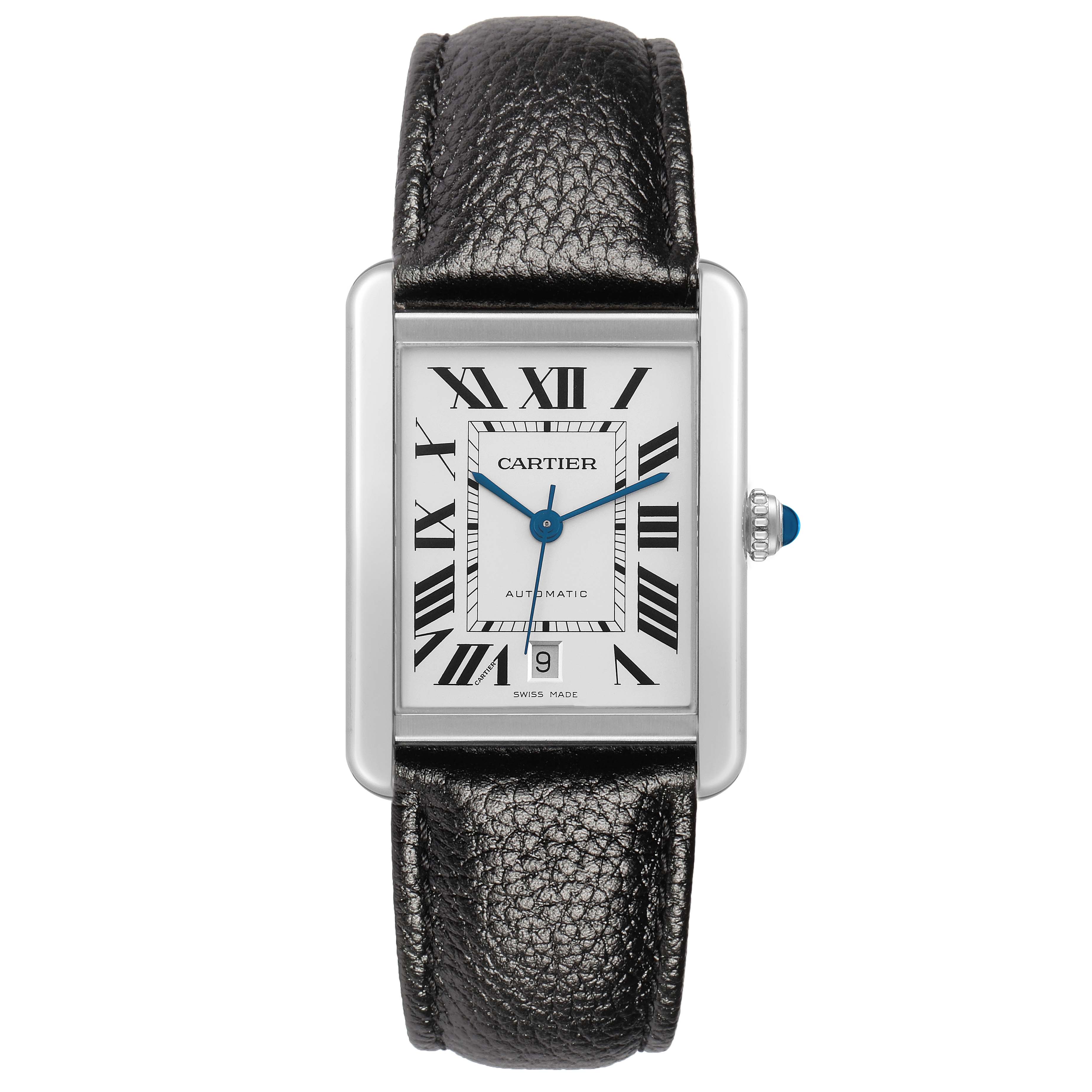The Cartier Tank Solo W5200027 Men
s Stainless Steel Silver Dial watch is shown from the front, displaying its rectangular face, Roman numeral dial, and black leather strap.