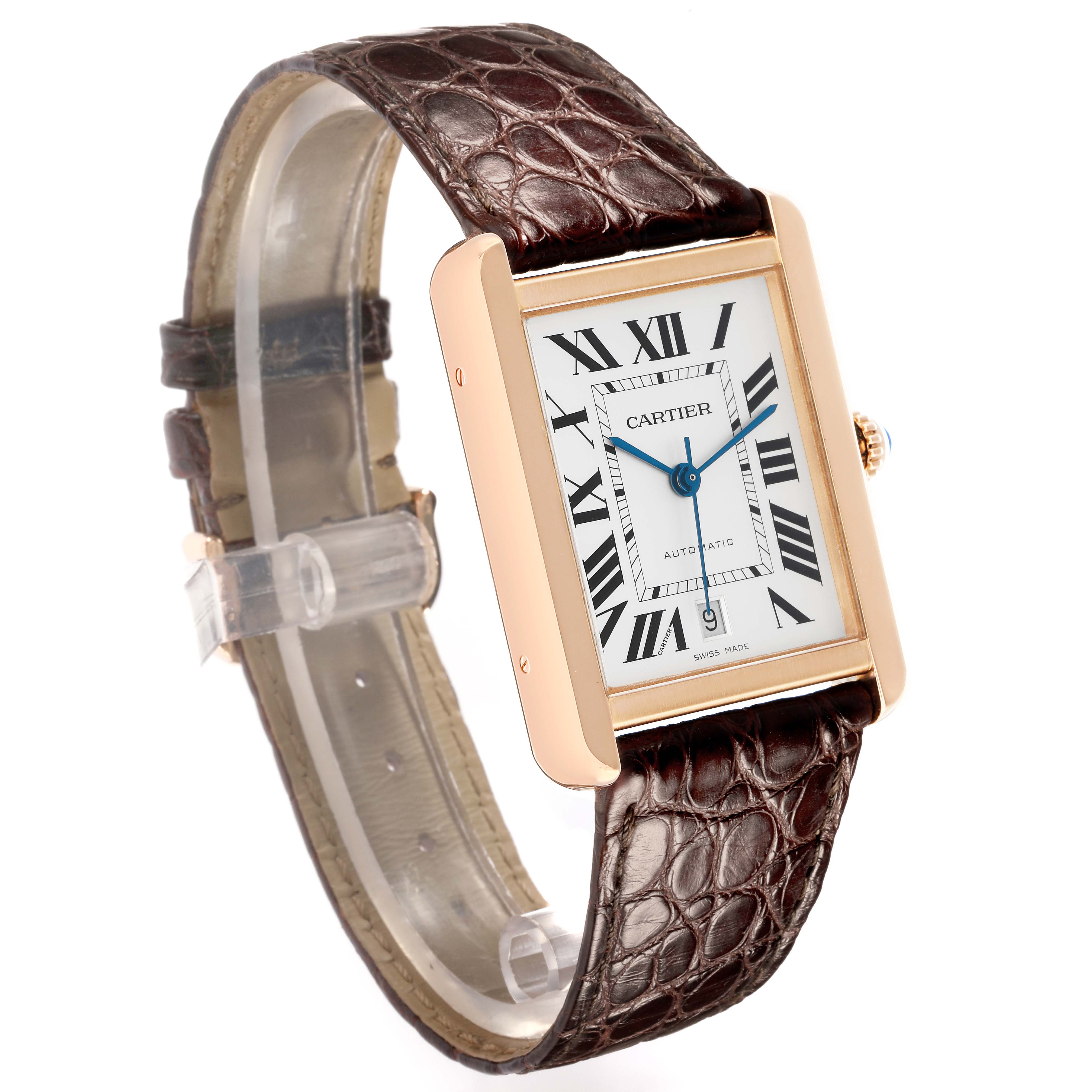 The Cartier Tank Solo W5200026 Men
s Rose Gold Silver Dial watch is shown at an angled view, displaying the face, Roman numeral dial, and brown leather strap.