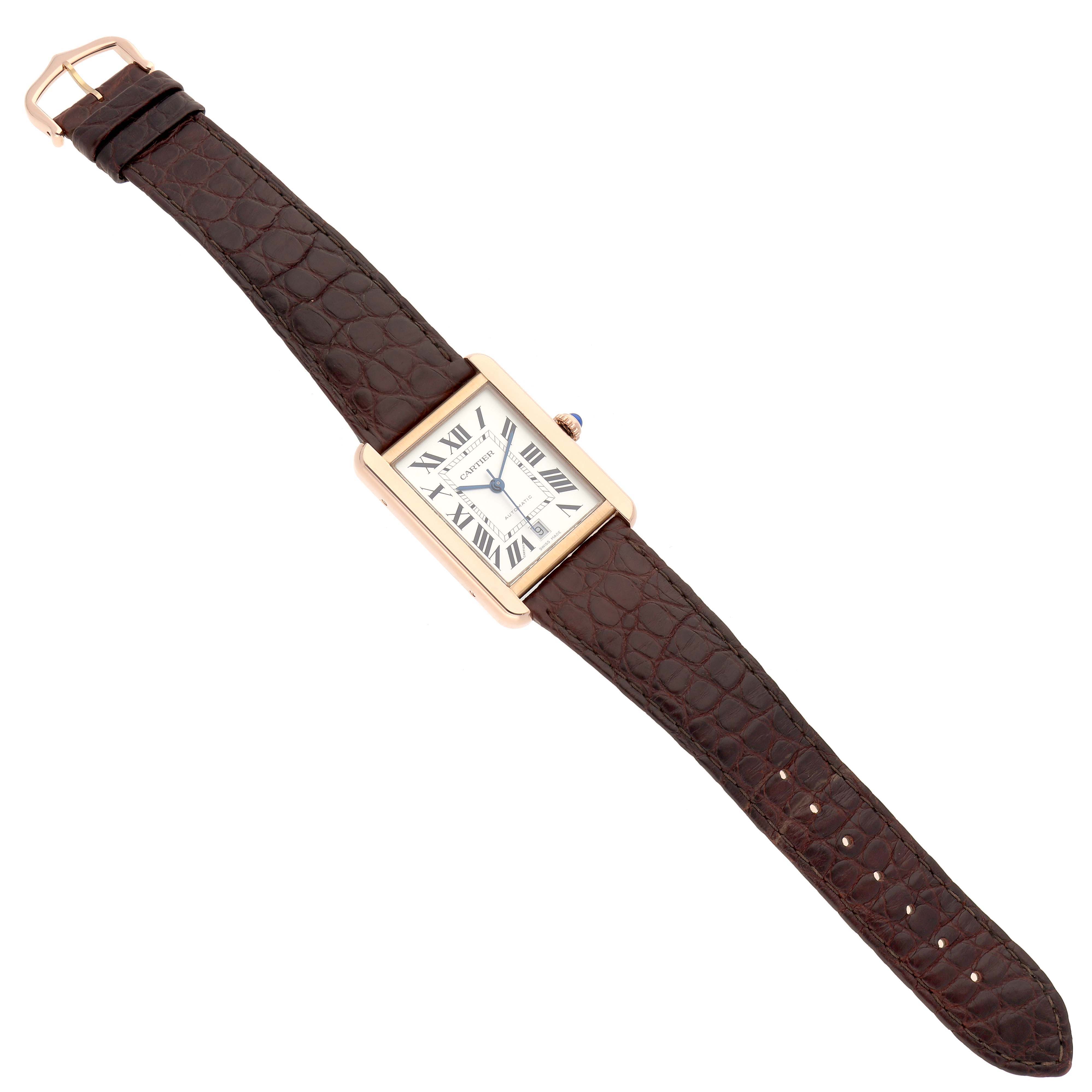 The Cartier Tank Solo W5200026 Men
s Rose Gold Silver Dial watch is shown at a top-down angle, displaying the entire face, case, and brown leather strap.
