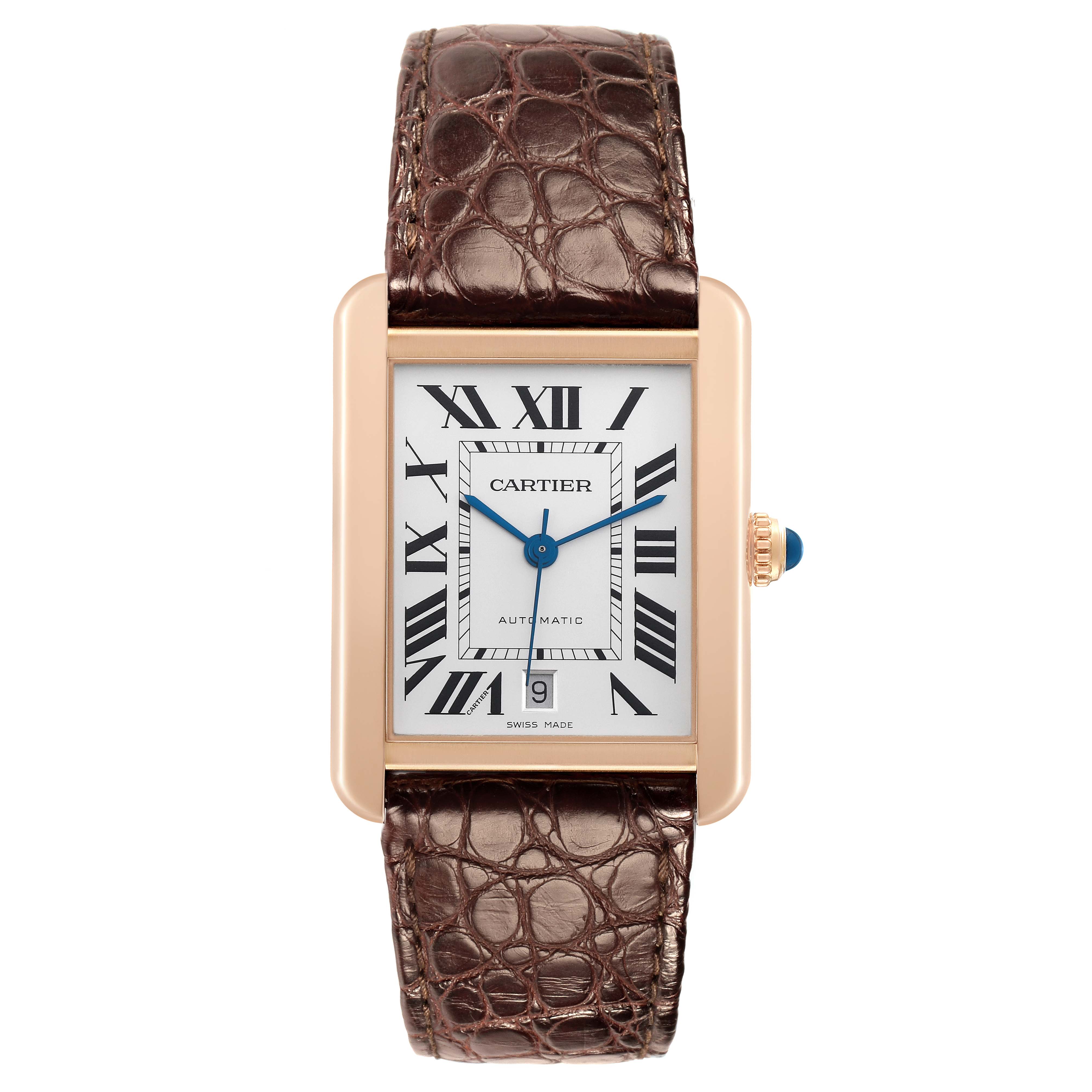 The Cartier Tank Solo W5200026 Men
s Rose Gold Silver Dial watch is shown from a top-down angle, displaying its face, Roman numerals, and brown leather strap.
