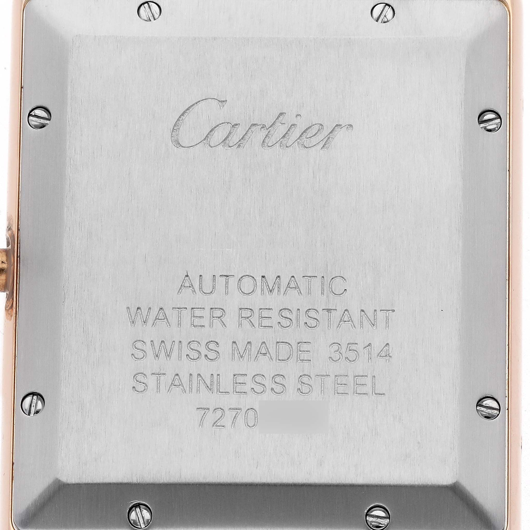 The image shows the back case of the Cartier Tank Solo W5200026 Men
s Rose Gold Silver Dial watch, highlighting the branding and specifications.