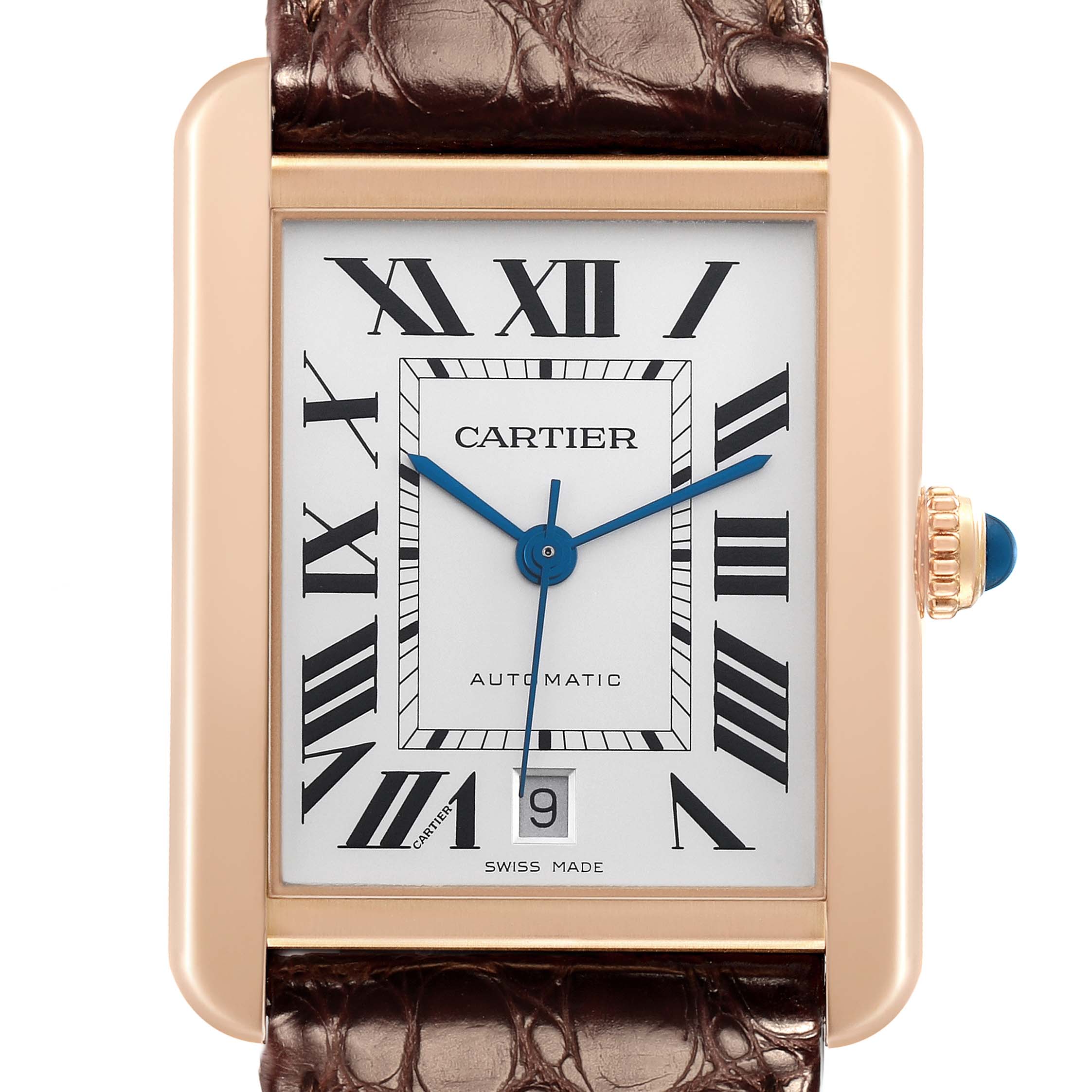 The Cartier Tank Solo W5200026 Men
s Rose Gold Silver Dial watch is shown from the front, highlighting its rectangular face, Roman numerals, blue hands, and date feature.