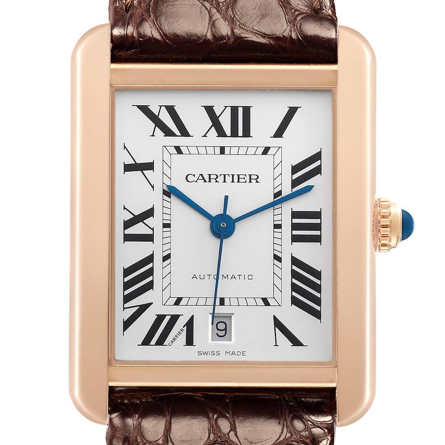 The Cartier Tank Solo W5200026 Men's Rose Gold Silver Dial watch is shown from the front, highlighting its rectangular face, Roman numerals, blue hands, and date feature.