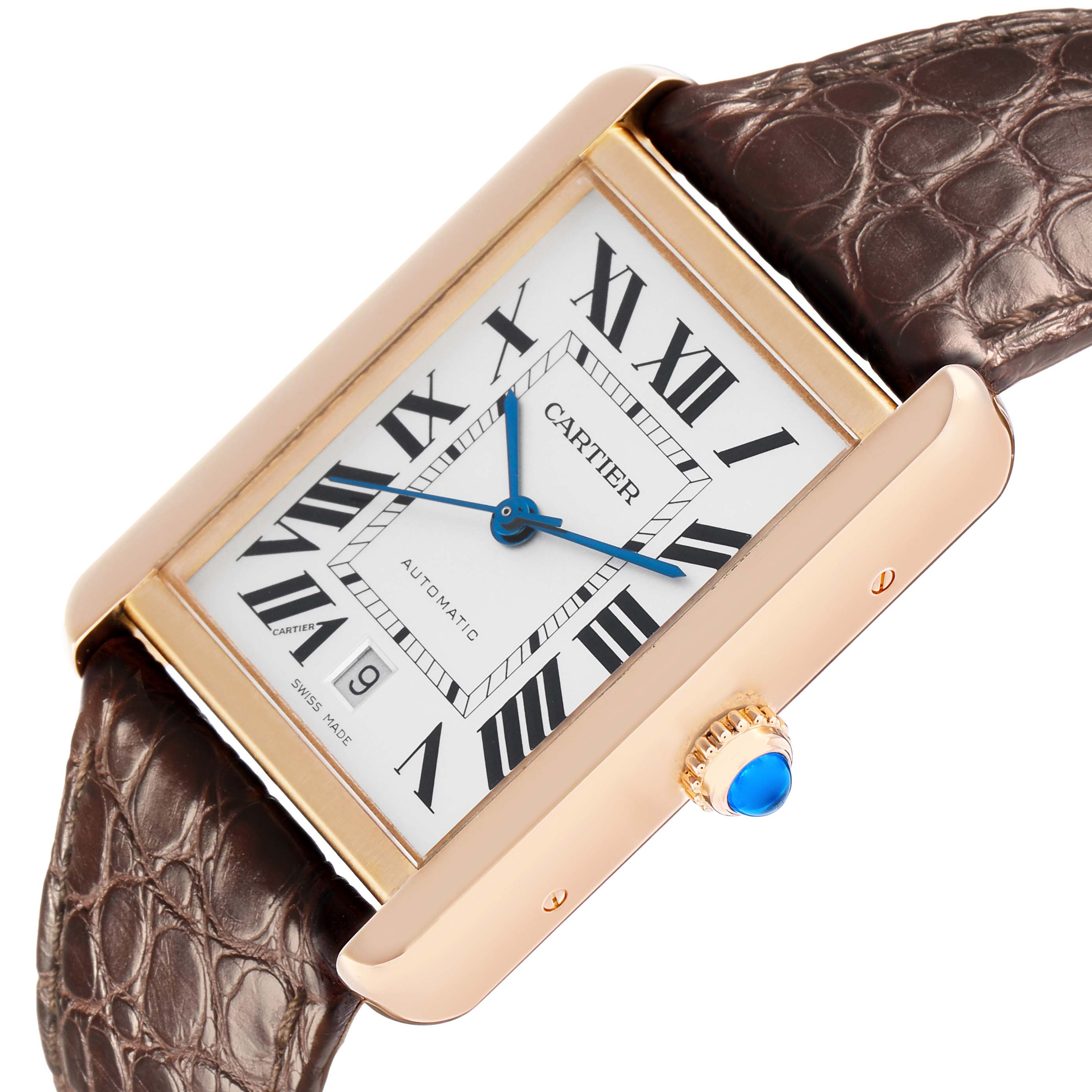 The Cartier Tank Solo W5200026 Men
s Rose Gold Silver Dial watch is shown at an angle displaying its face, crown, and part of the leather strap.