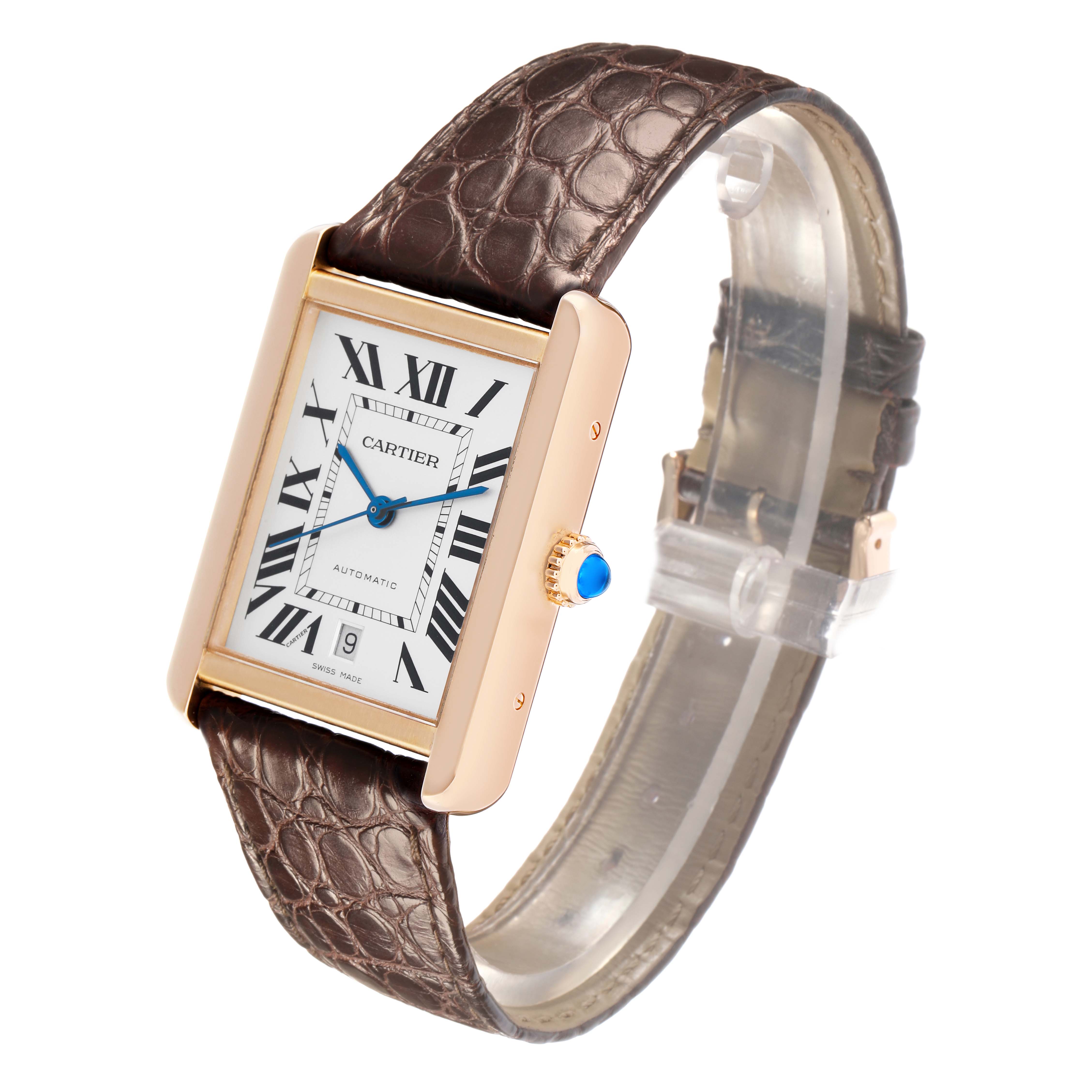 The Cartier Tank Solo W5200026 Men
s Rose Gold Silver Dial watch is shown at a slight angle, highlighting its rectangular case, dial, crown, and leather strap.