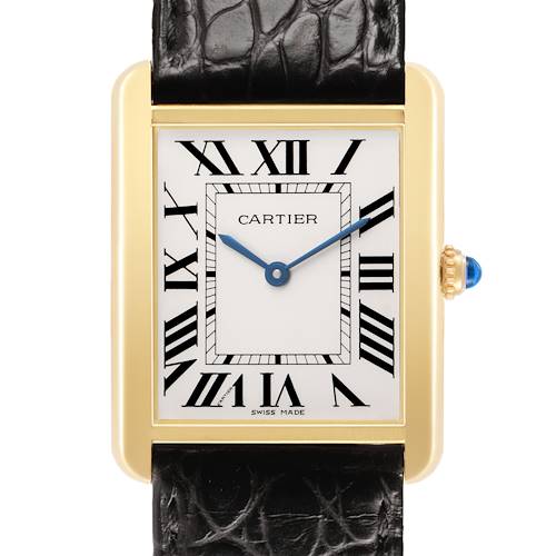 The Cartier Tank Solo W5200024 Women's Yellow Gold Silver Dial watch is shown from the front, displaying its rectangular dial, Roman numerals, gold case, and blue hands.