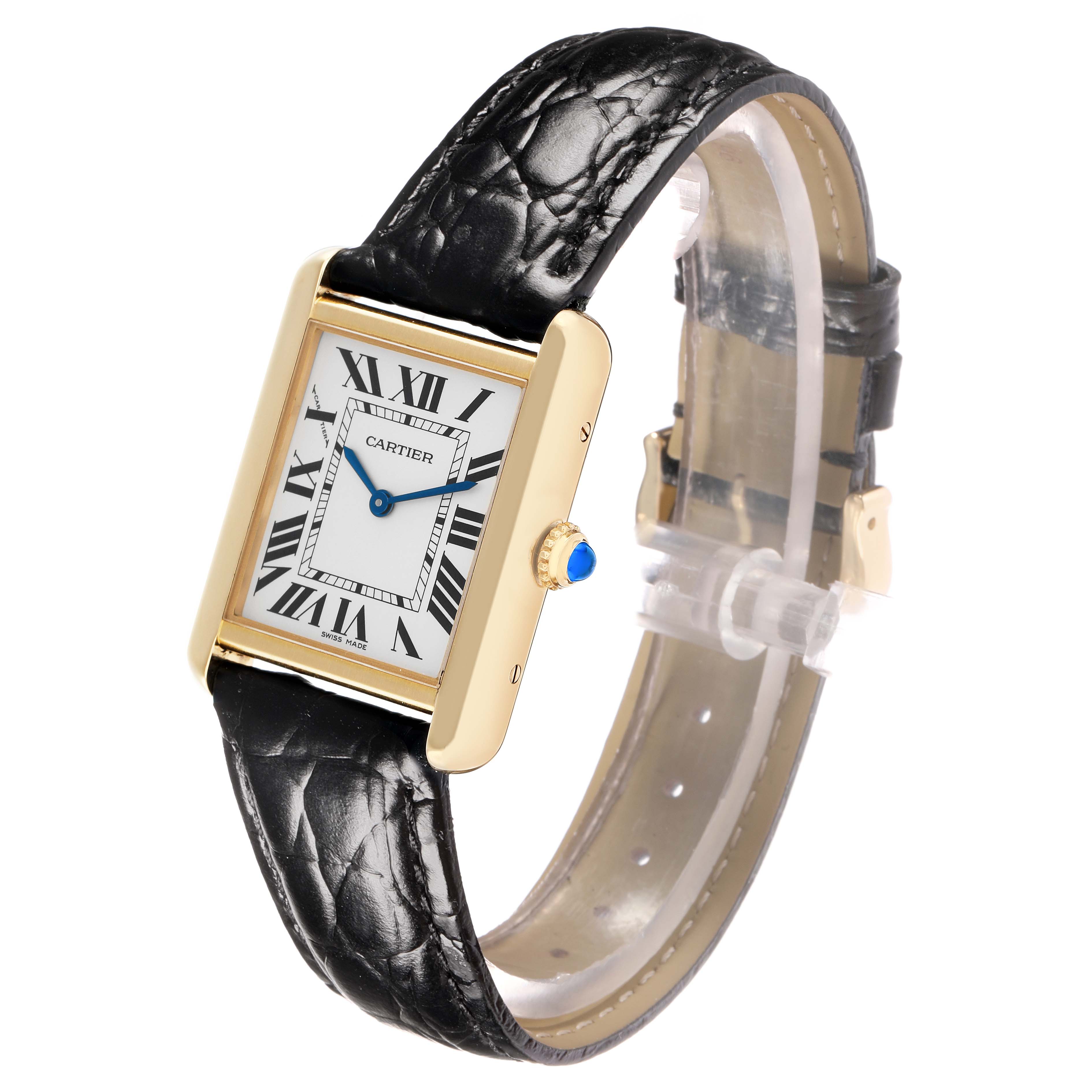 The Cartier Tank Solo W5200002 Women
s Yellow Gold Black Dial watch is shown at a three-quarter angle highlighting its rectangular face, Roman numerals, and leather strap.