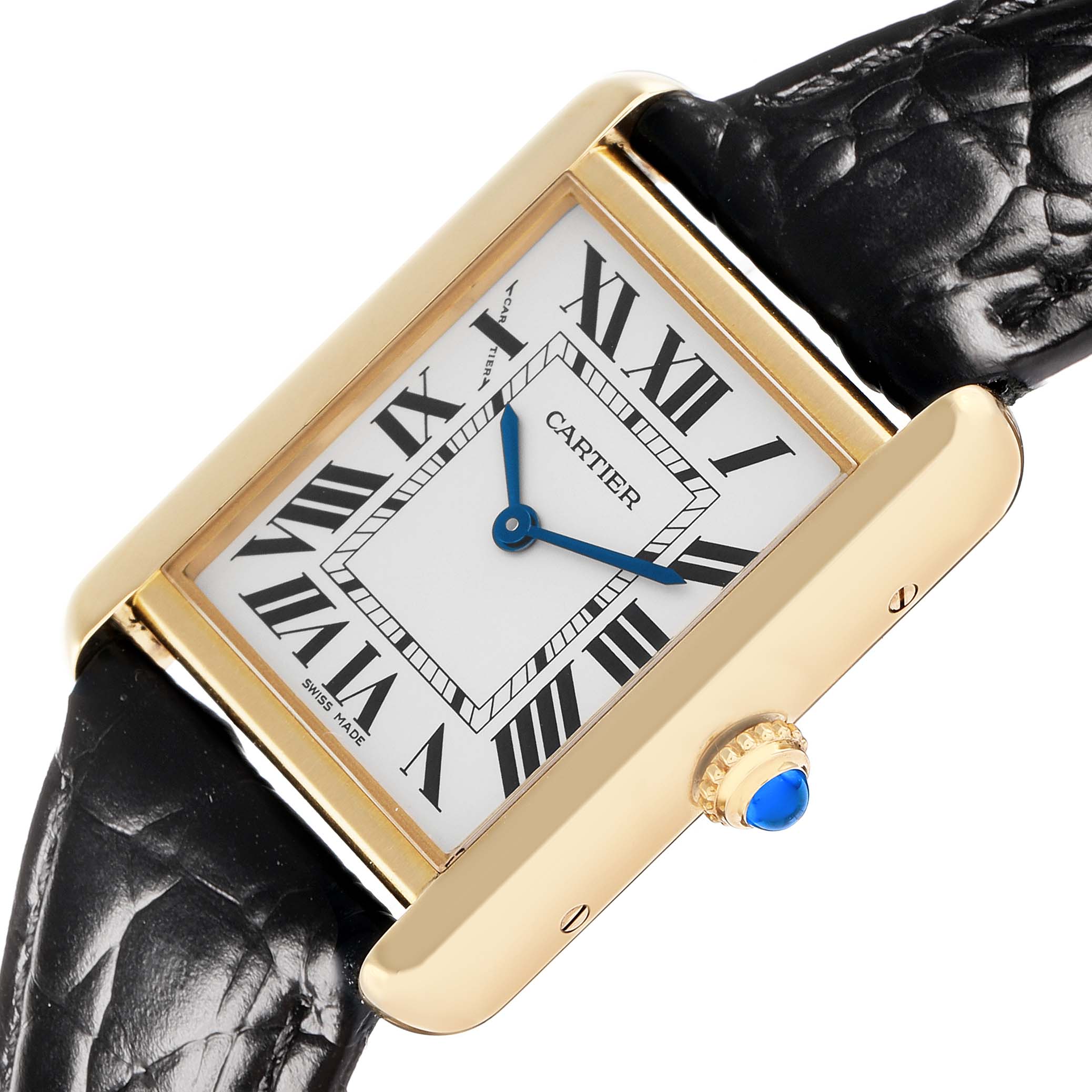 The image shows a Cartier Tank Solo W5200002 Women
s Yellow Gold Black Dial watch from a top angle, highlighting the rectangular dial, Roman numerals, and gold casing with a blue cabochon crown.