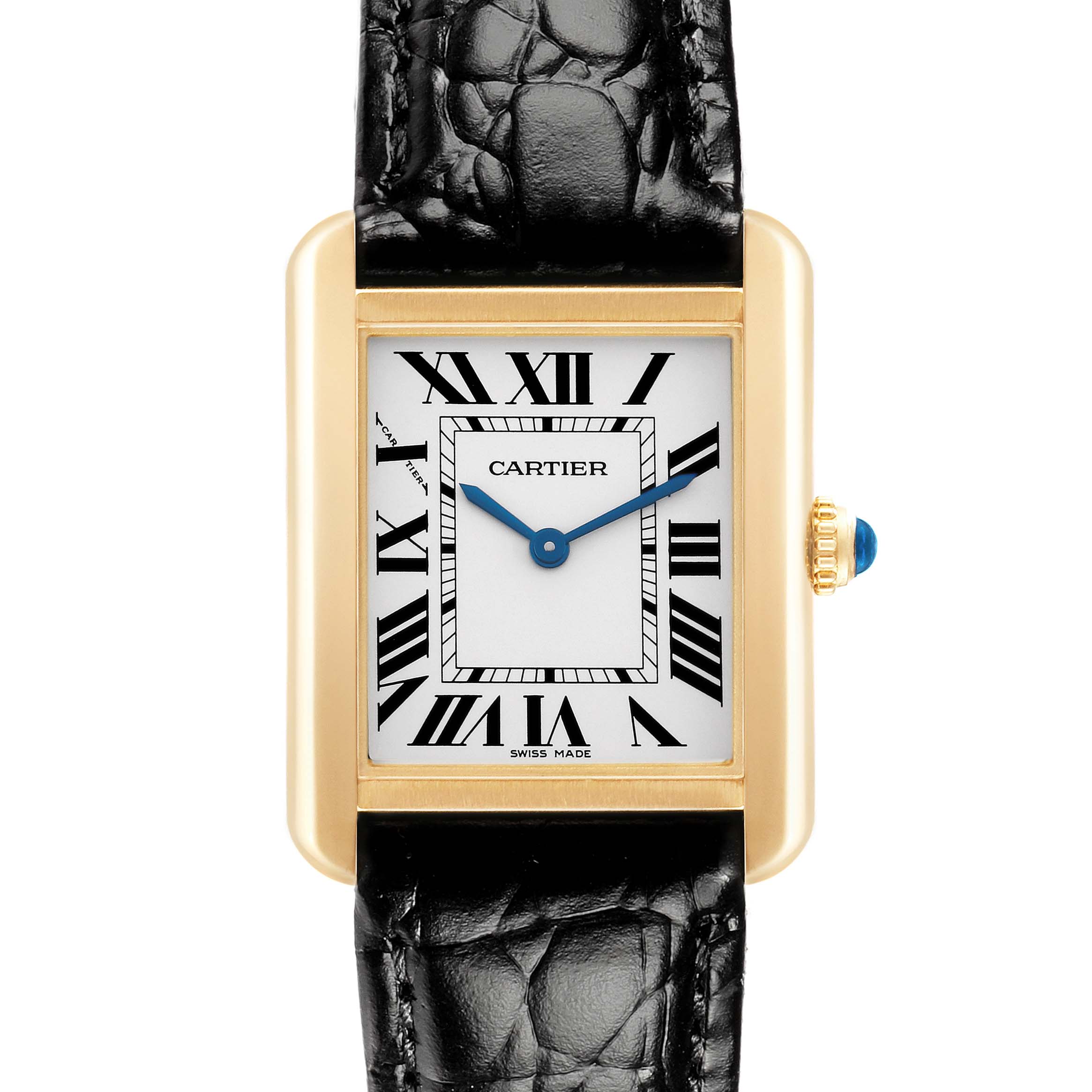 The Cartier Tank Solo W5200002 Women
s Yellow Gold Black Dial watch is shown from the front, highlighting its rectangular face, Roman numerals, and leather strap.