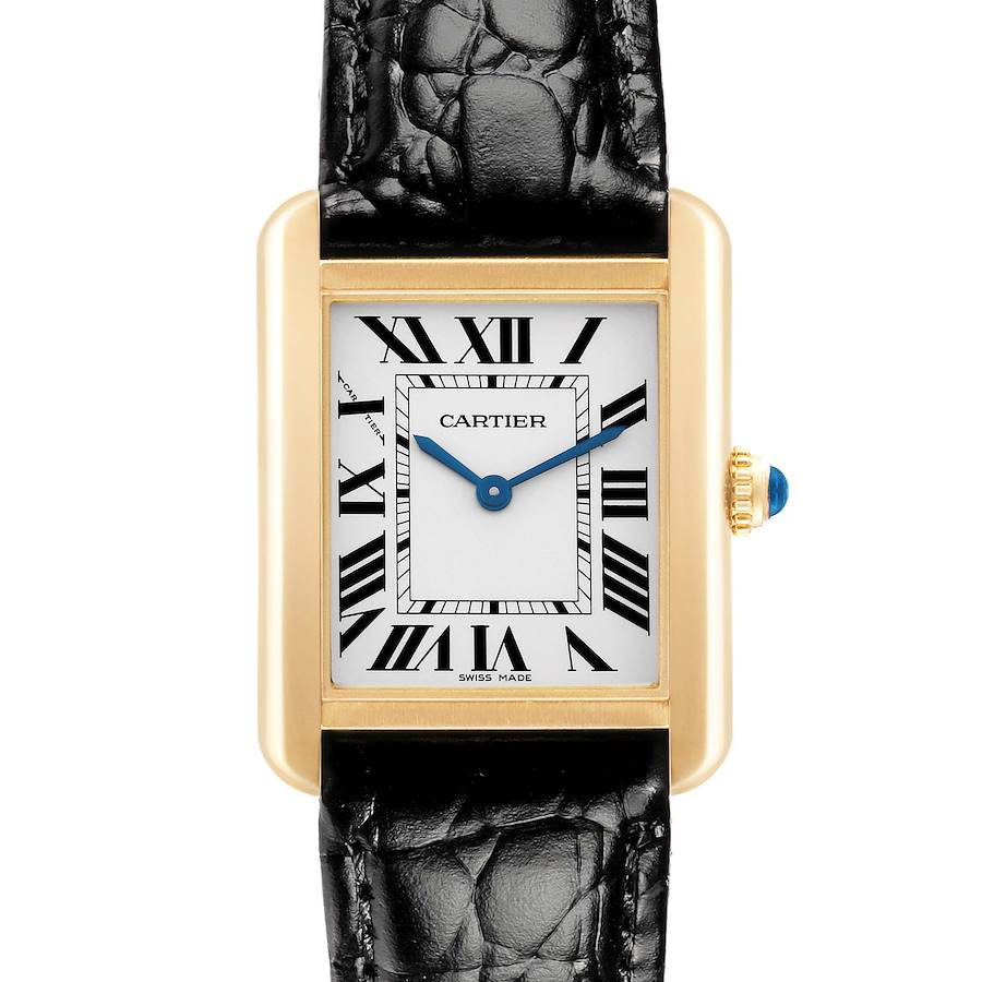 The Cartier Tank Solo W5200002 Women's Yellow Gold Black Dial watch is shown from the front, highlighting its rectangular face, Roman numerals, and leather strap.