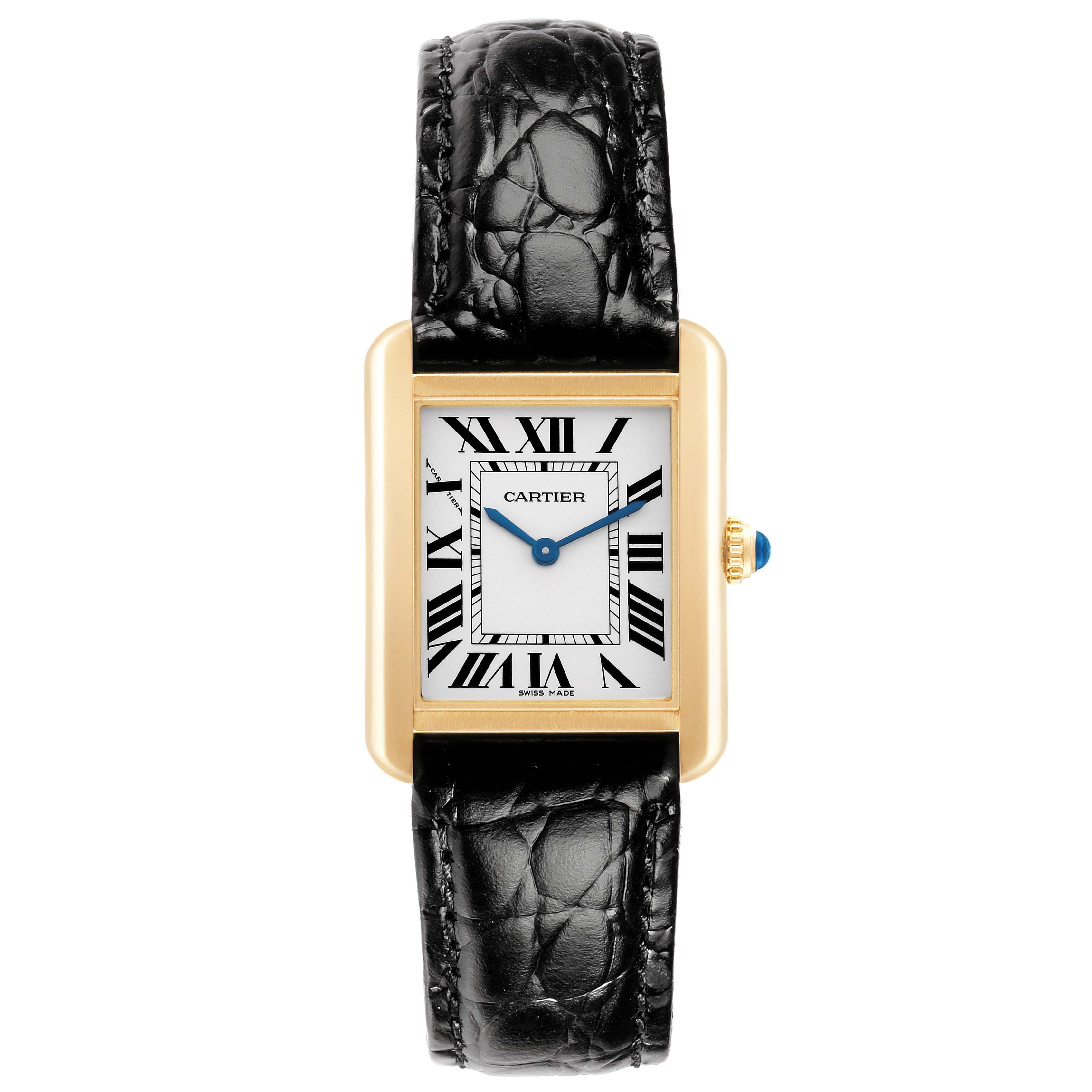 The Cartier Tank Solo W5200002 Women
s Yellow Gold Black Dial watch is shown from a frontal angle, displaying the dial, Roman numerals, gold case, and black leather strap.