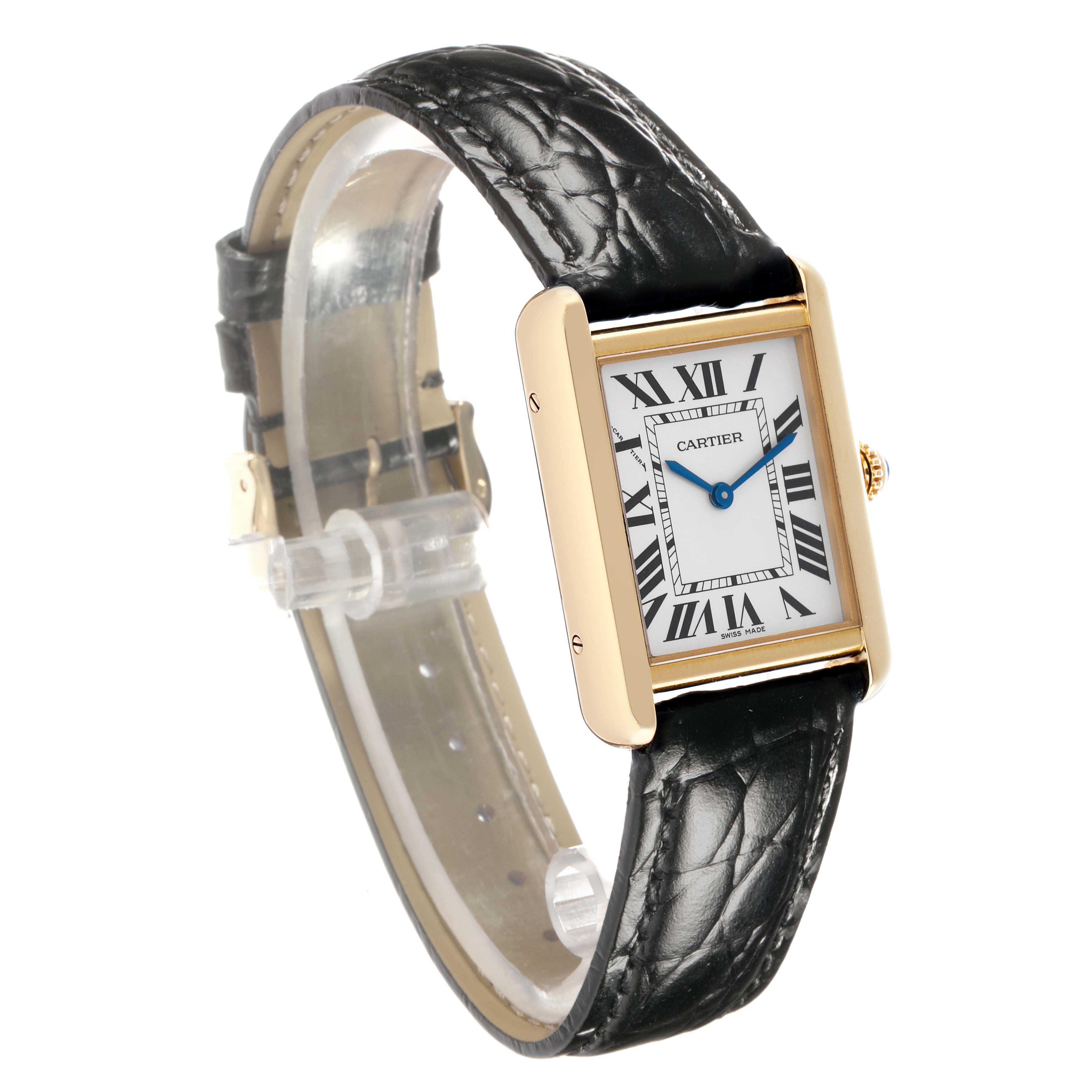 The Cartier Tank Solo W5200002 Women
s Yellow Gold Black Dial watch is shown at a three-quarter angle, displaying the face, strap, and side profile.