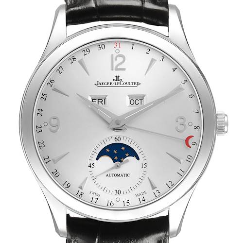 The Jaeger LeCoultre Master Q1558420 / 176.8.12.S Men's Stainless Steel Silver Dial watch is shown from the front, highlighting its dial with date, day, month, and moon phase features.