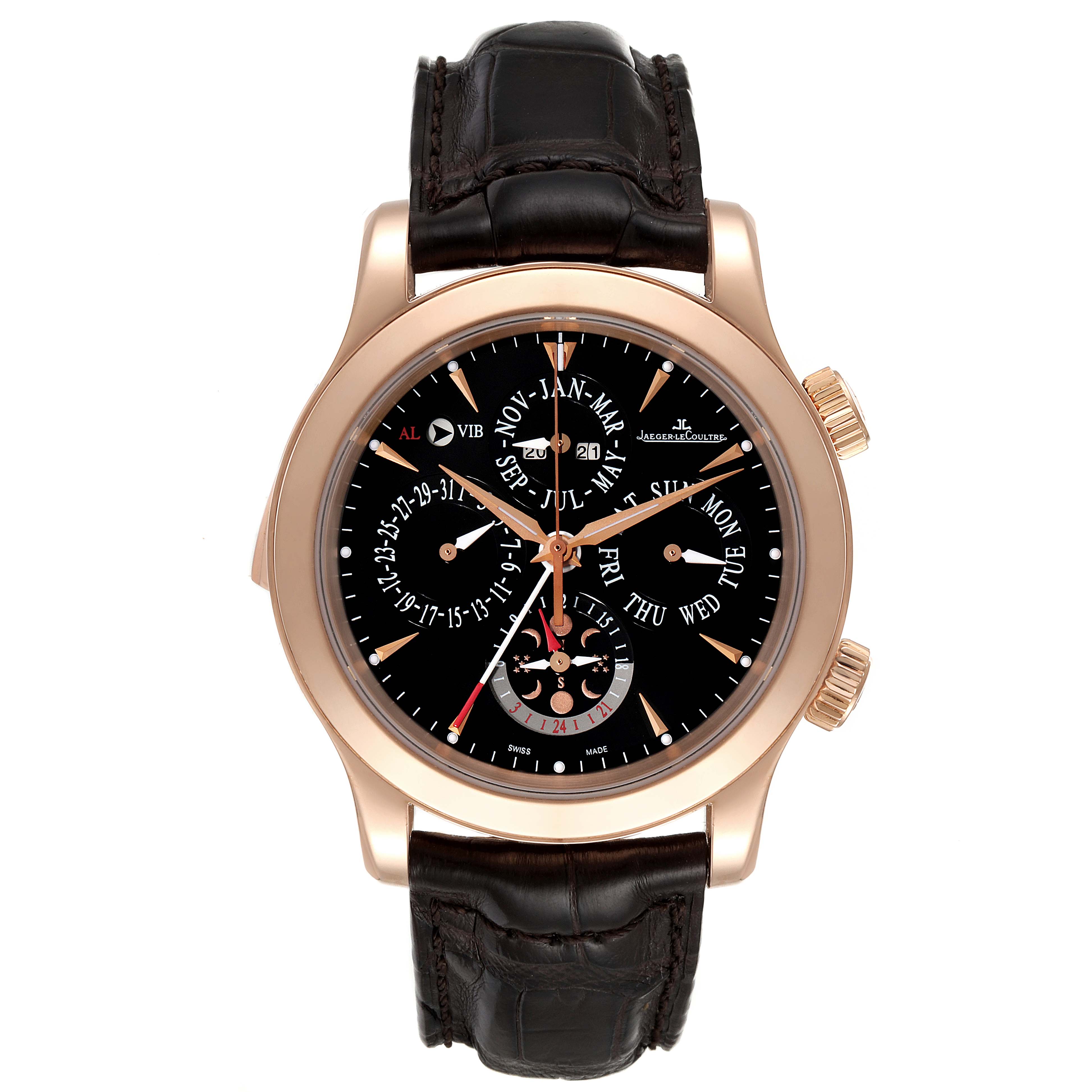 The Jaeger LeCoultre Master Q163247A Men's Rose Gold Black Dial Q163247A Men's Rose Gold Black Dial model watch is shown from a front angle, displaying its black dial, calendar functions, and leather strap.