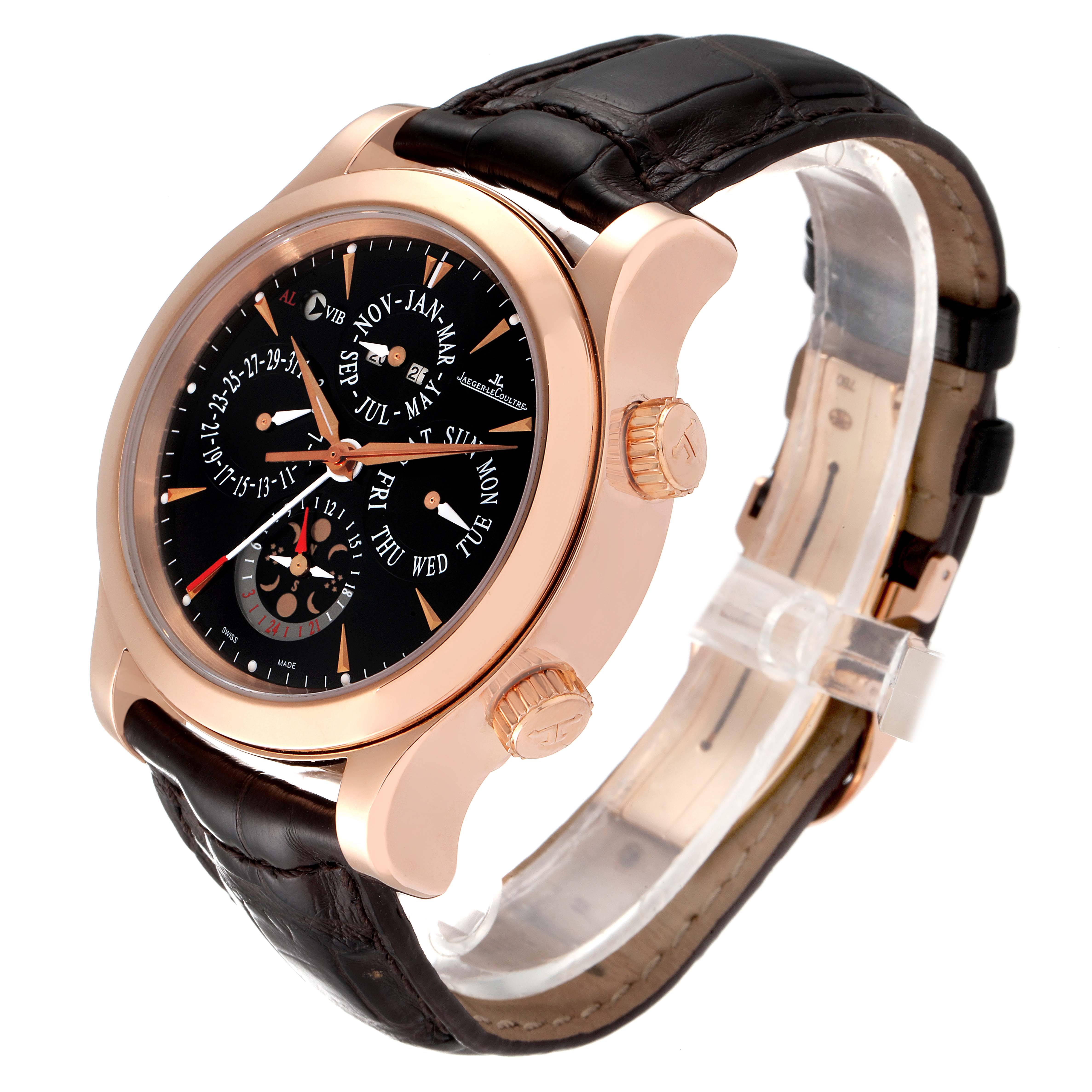 The Jaeger-LeCoultre Master model watch is shown at a three-quarter angle, highlighting its face, crown, pushers, and leather strap.