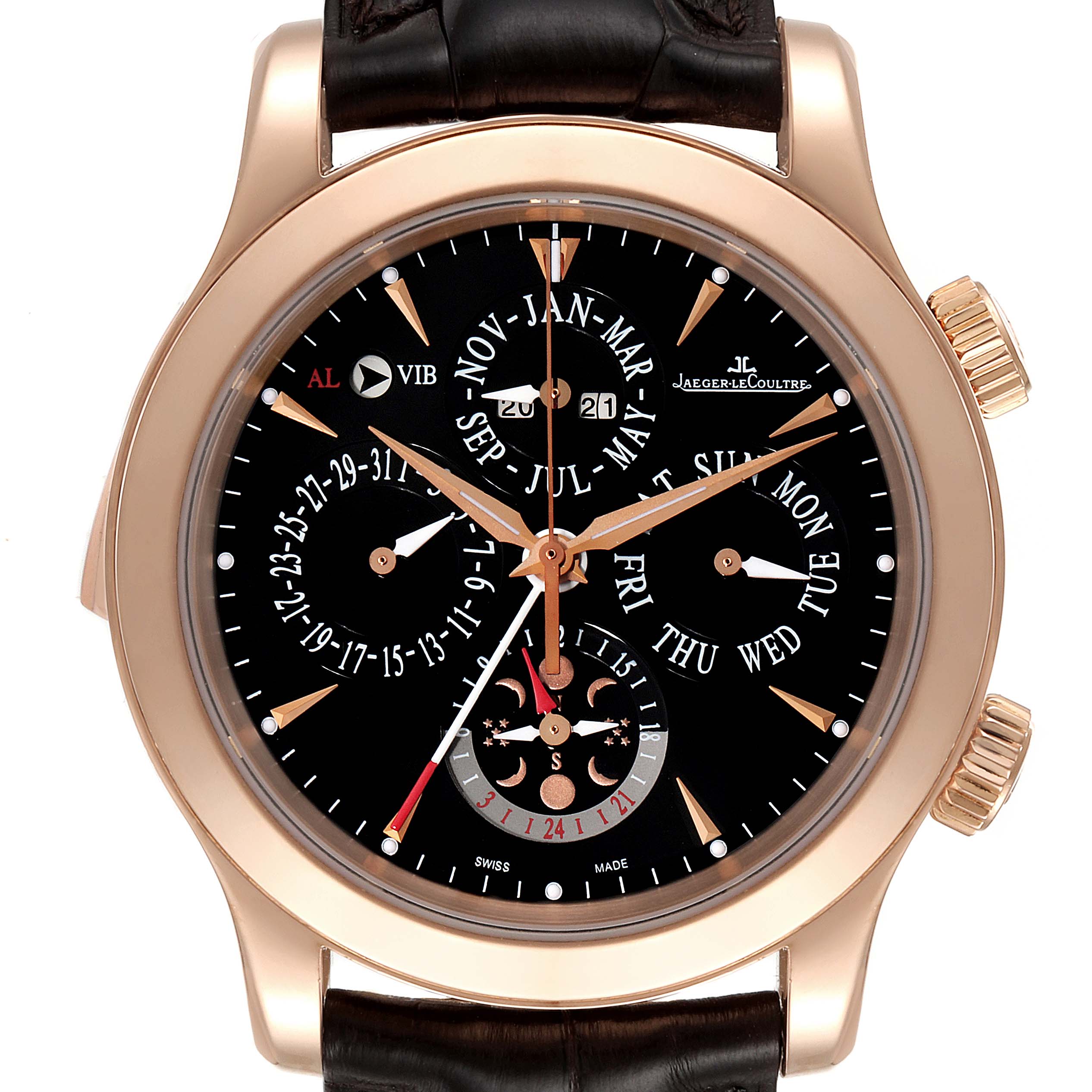 The image shows a front view of the Jaeger LeCoultre Master Q163247A Men's Rose Gold Black Dial Q163247A Men's Rose Gold Black Dial model watch, highlighting the dial, hands, subdials, and crown.