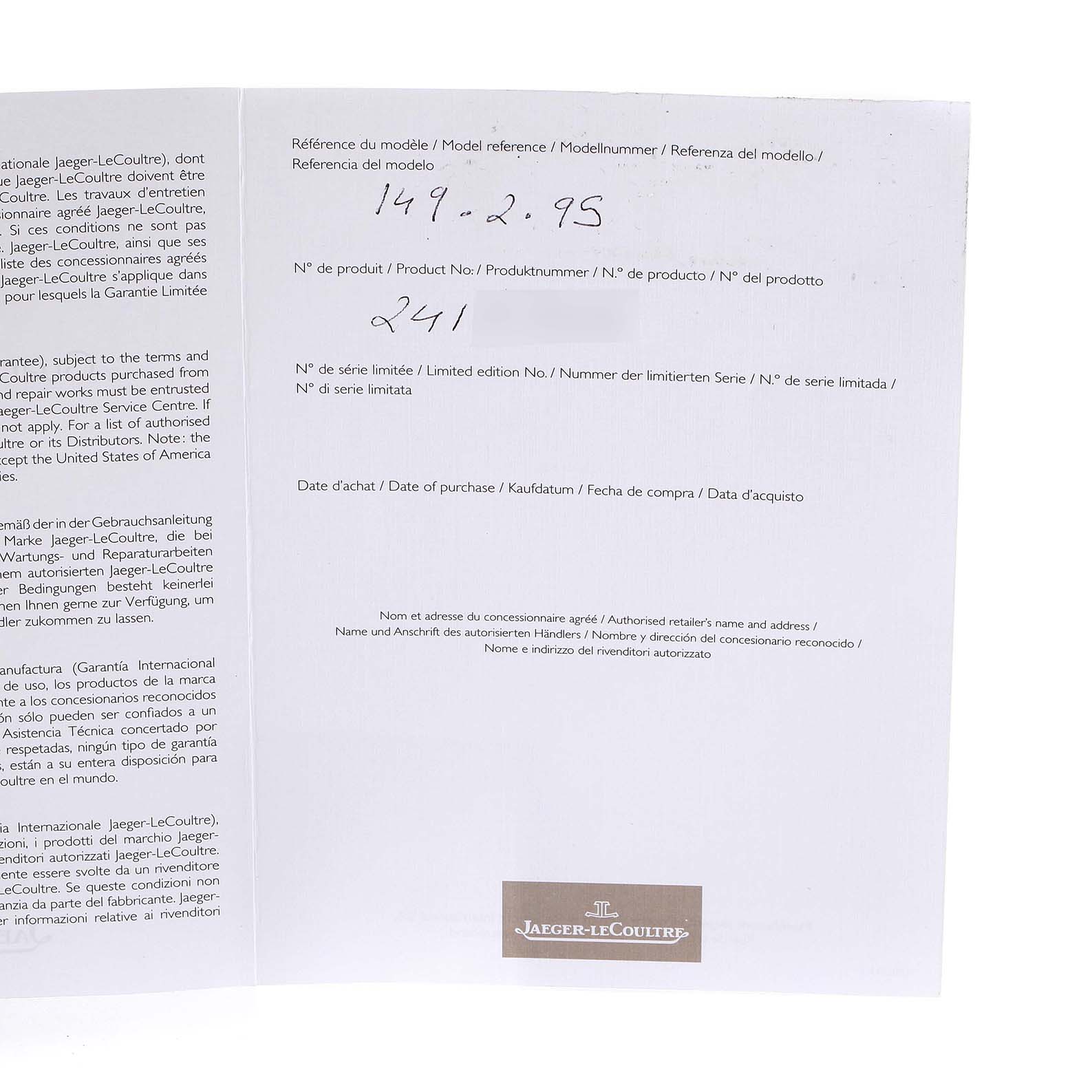 This image shows part of the warranty booklet for the Jaeger-LeCoultre Master model watch.