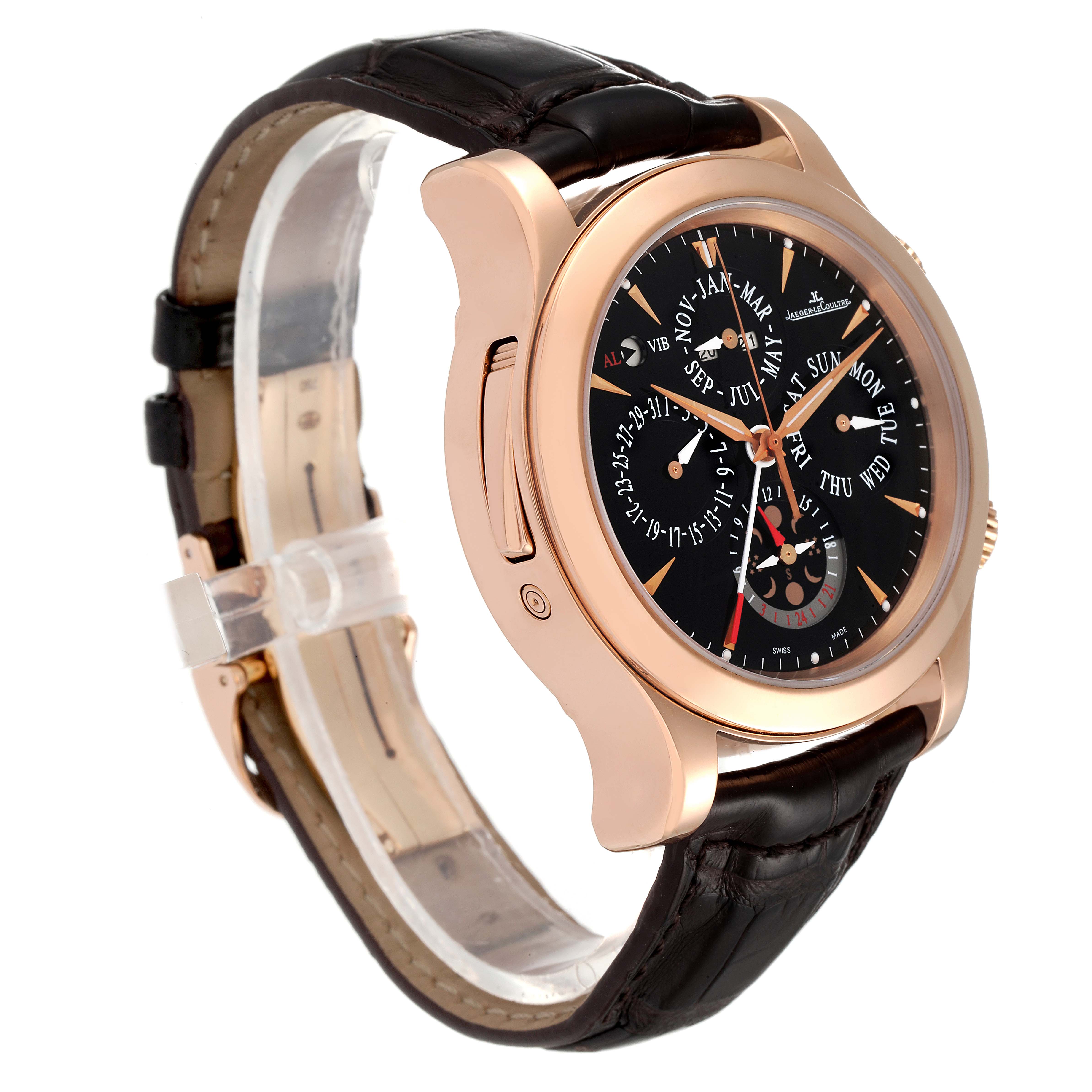 The image shows a side and partial front view of the Jaeger-LeCoultre Master watch, highlighting its black dial and brown leather strap.