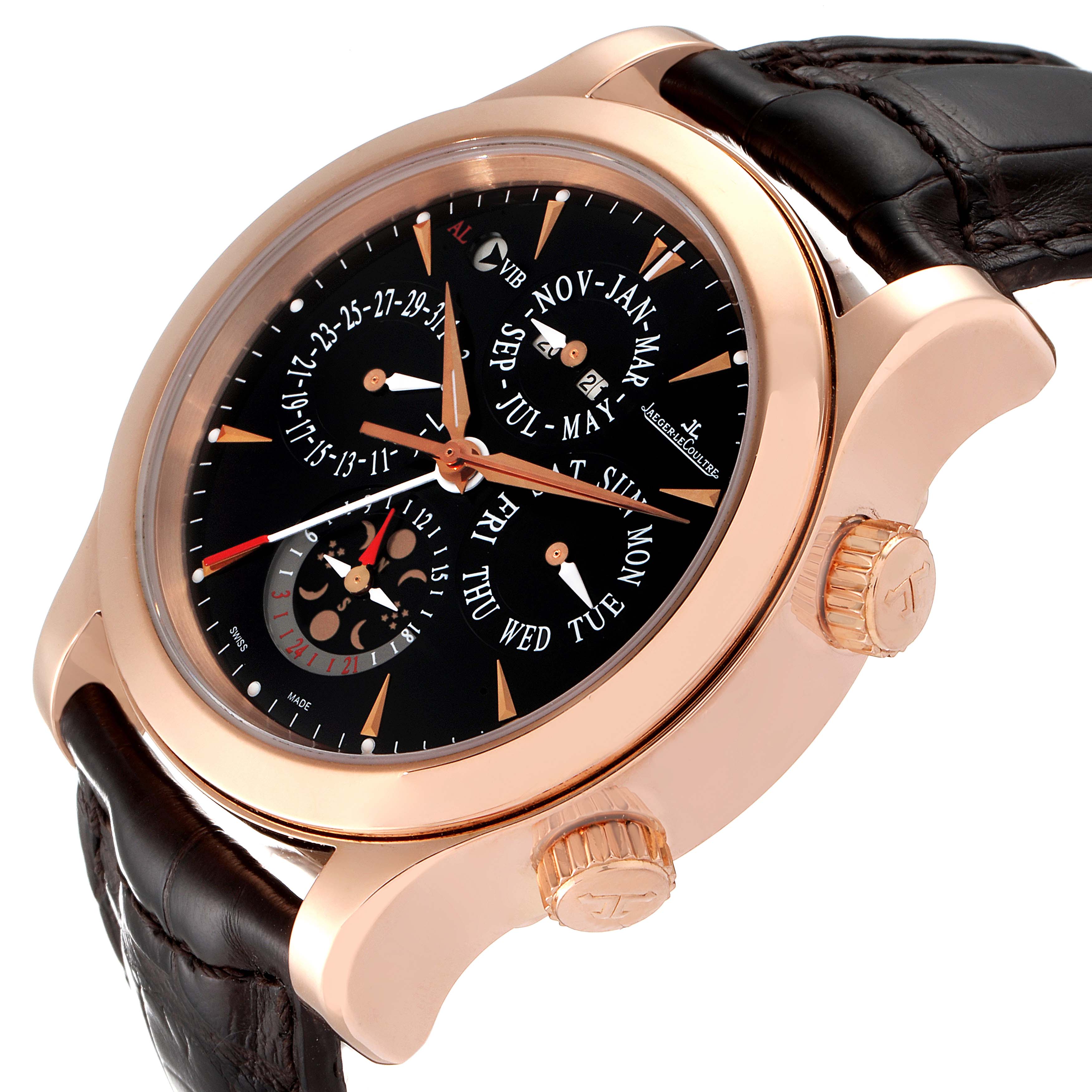 This is an angled view of the Jaeger-LeCoultre Master model watch, showcasing its black dial, gold case, and leather strap.