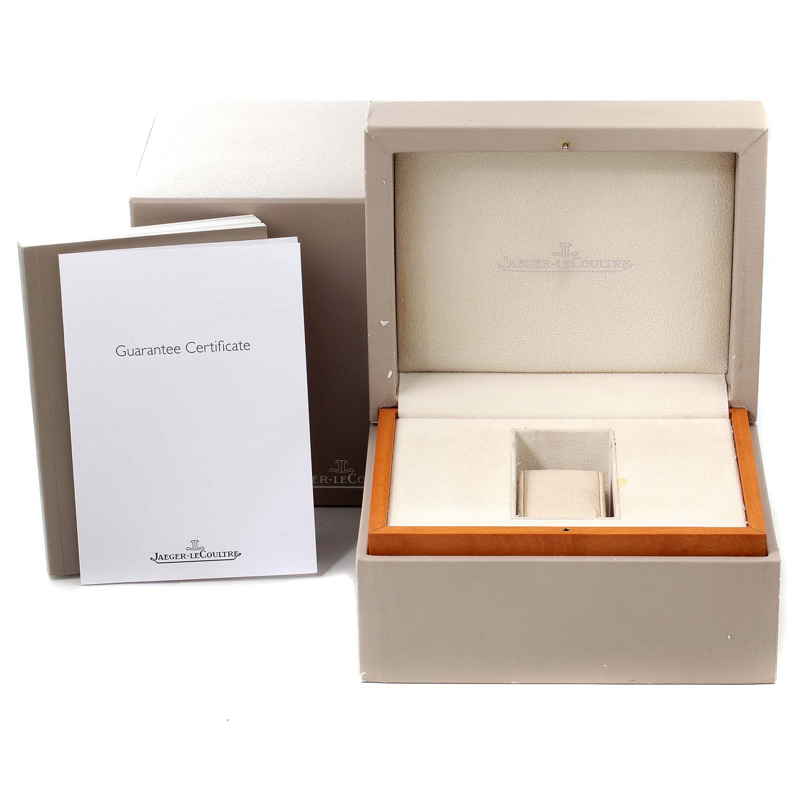 The image shows the open box and guarantee certificate for the Jaeger LeCoultre Master Q163247A Men's Rose Gold Black Dial Q163247A Men's Rose Gold Black Dial model watch.
