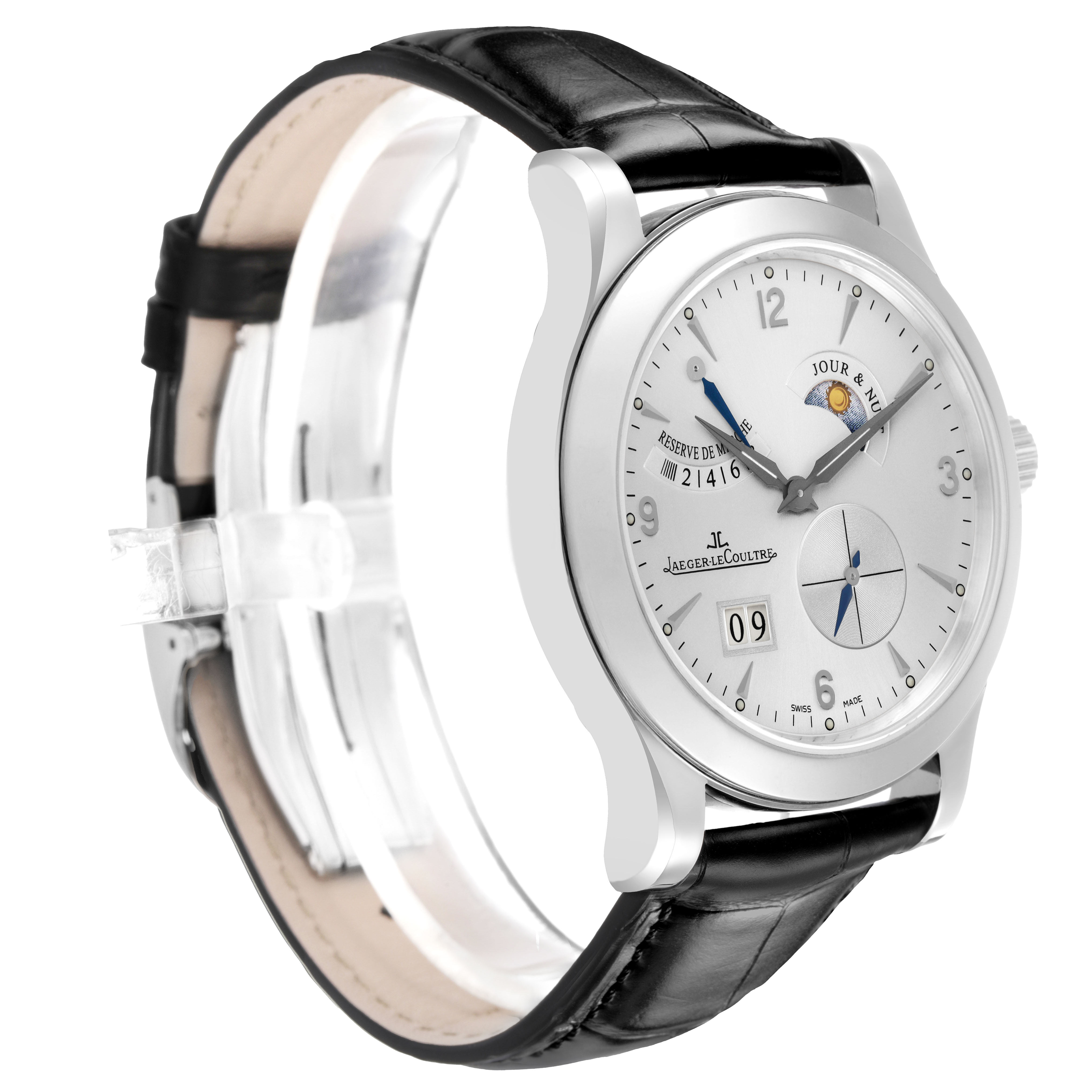 The Jaeger LeCoultre Master Q1608420 Men's Stainless Steel Silver Dial watch is shown at a slight angle highlighting the face, lugs, and part of the strap.