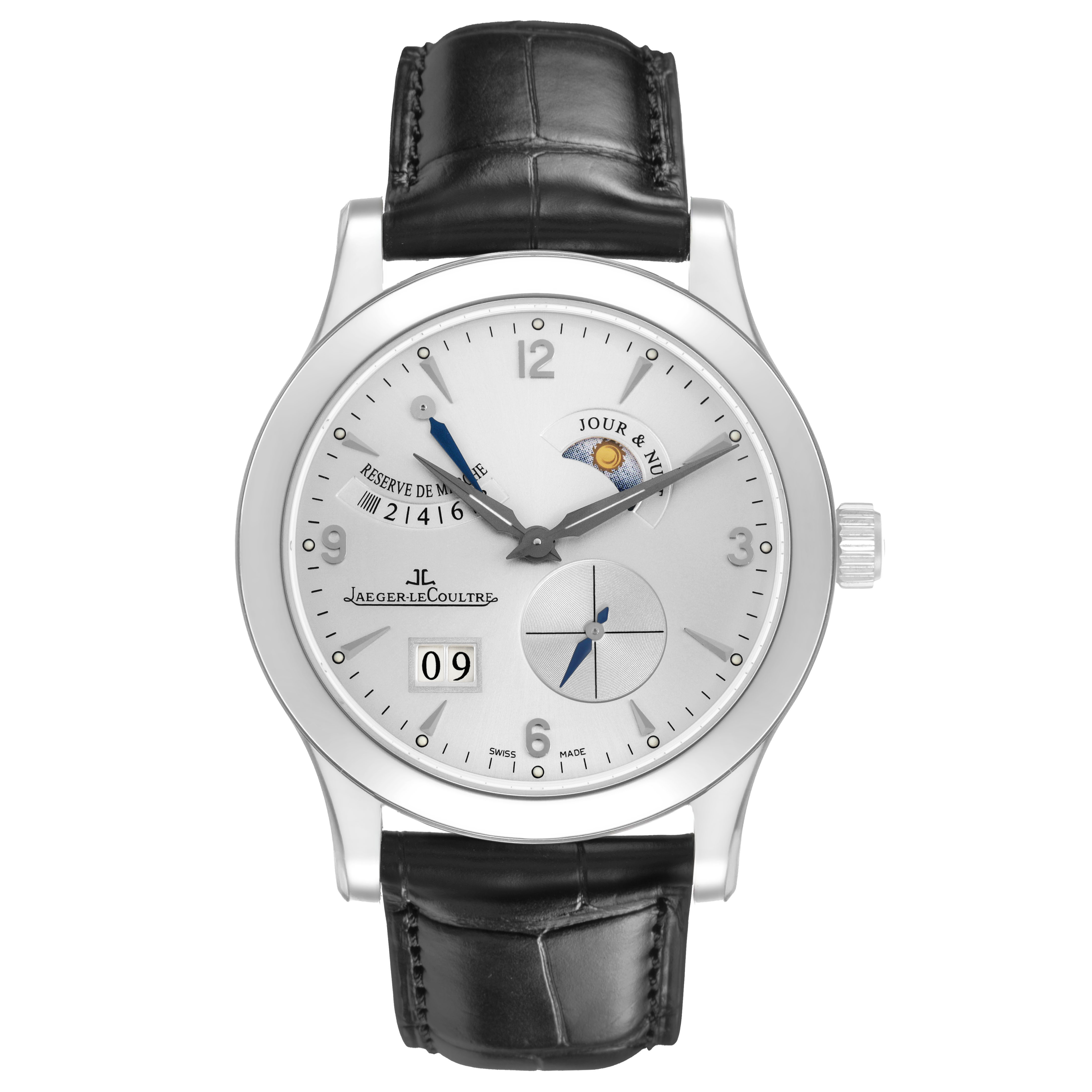 The Jaeger LeCoultre Master Q1608420 Men's Stainless Steel Silver Dial watch is shown from a front view, featuring a dial with date, power reserve, and day-night indicators.