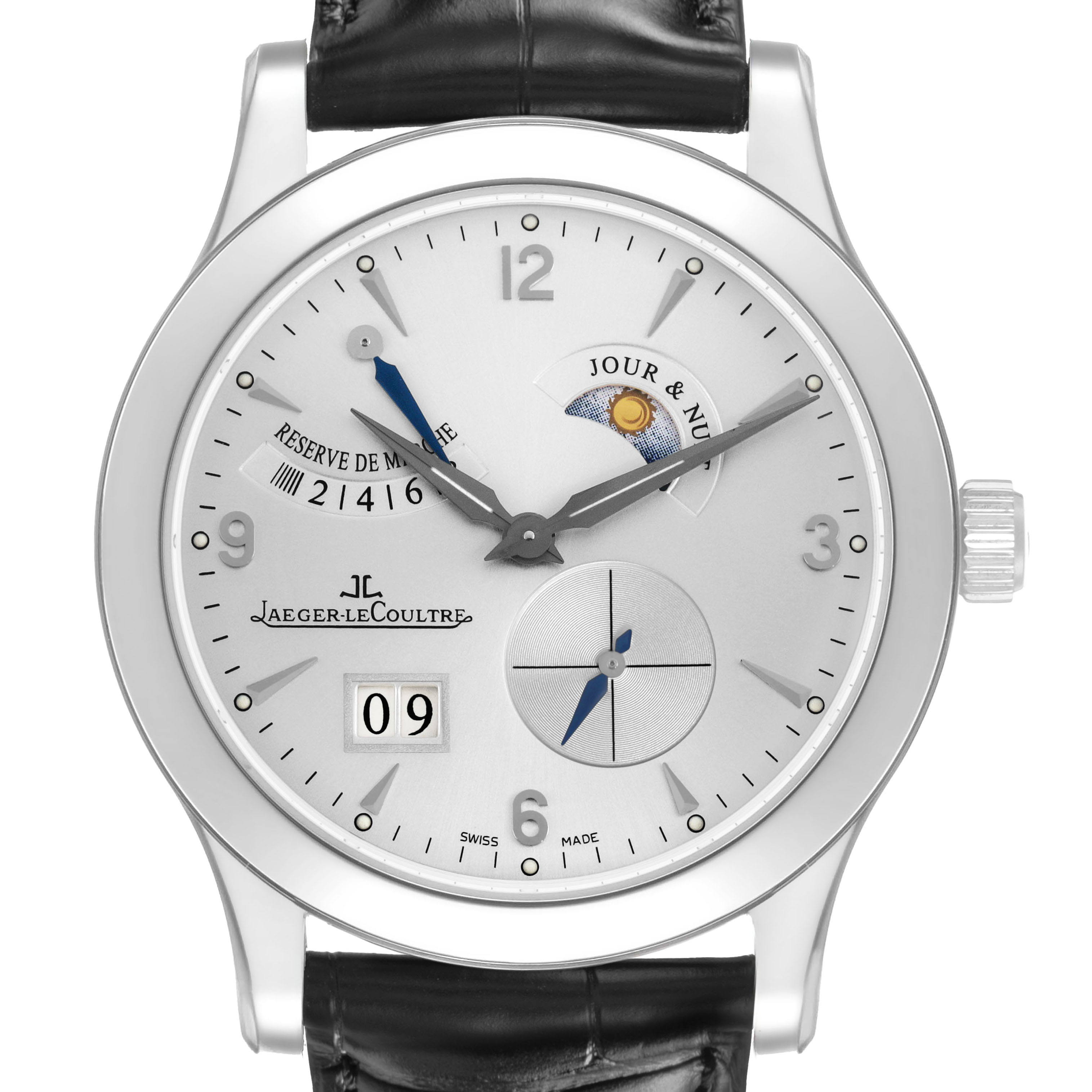 The Jaeger-LeCoultre Master model watch is shown from a front angle, displaying its dial, sub-dials, and black leather strap.