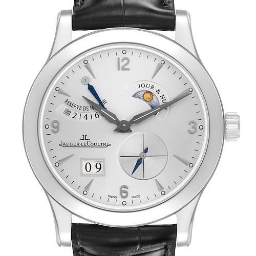 The image shows a front view of the Jaeger-LeCoultre Master watch, highlighting its dial features and leather strap.