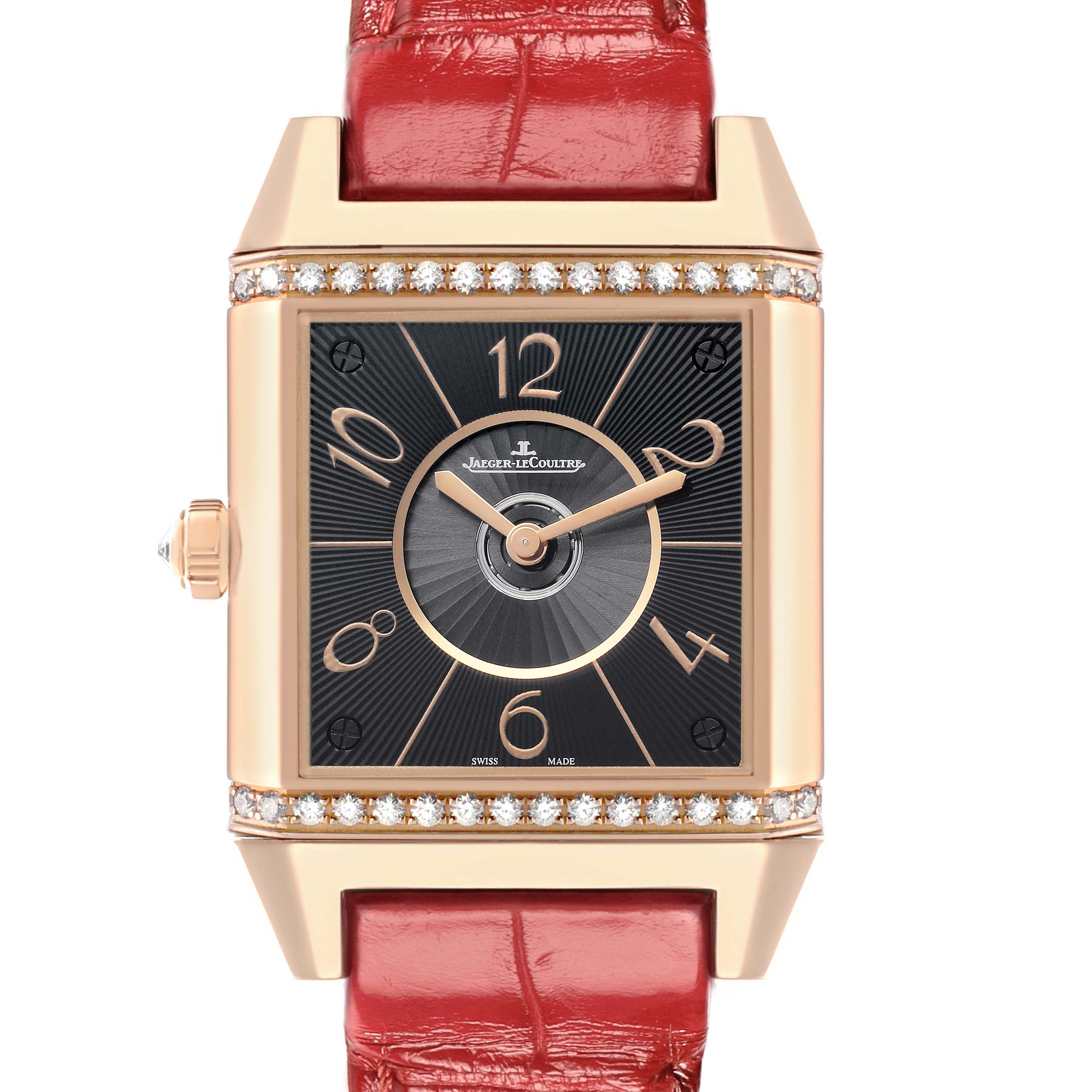 The Jaeger LeCoultre Reverso Q7052421 Women
s Rose Gold Silver Dial watch is shown from the front, highlighting the dial, case, crown, and strap.