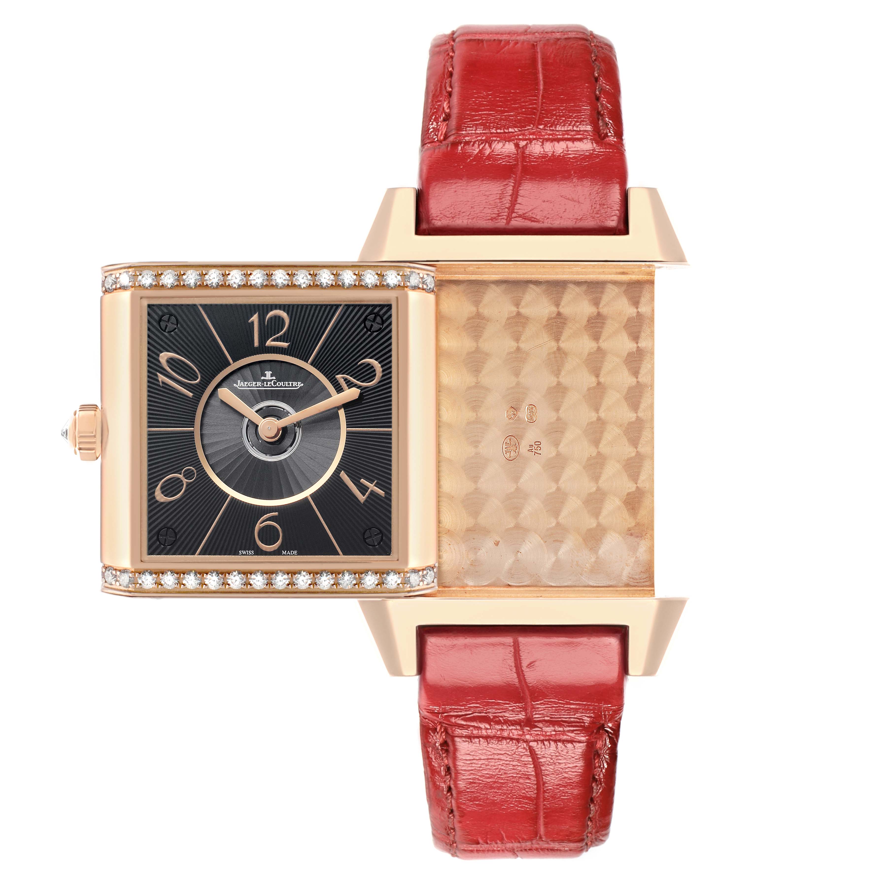 The Jaeger LeCoultre Reverso Q7052421 Women
s Rose Gold Silver Dial watch is shown partially rotated, revealing both the watch face and the patterned case back.