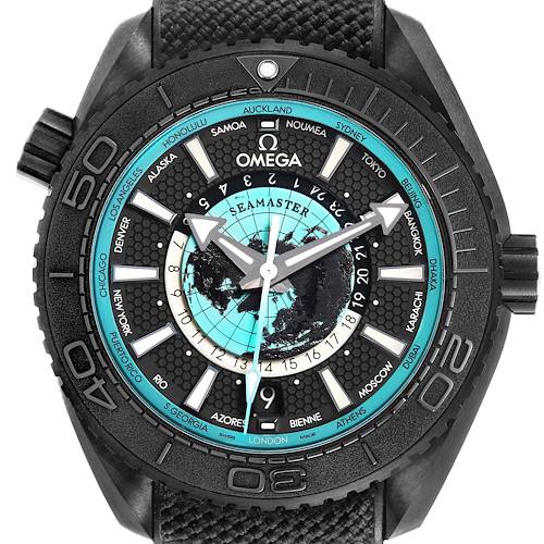 The Omega Planet Ocean 215.92.46.22.01.006 Men's Ceramic Black Dial watch is shown from a front angle, highlighting its intricate dial design and world time feature.