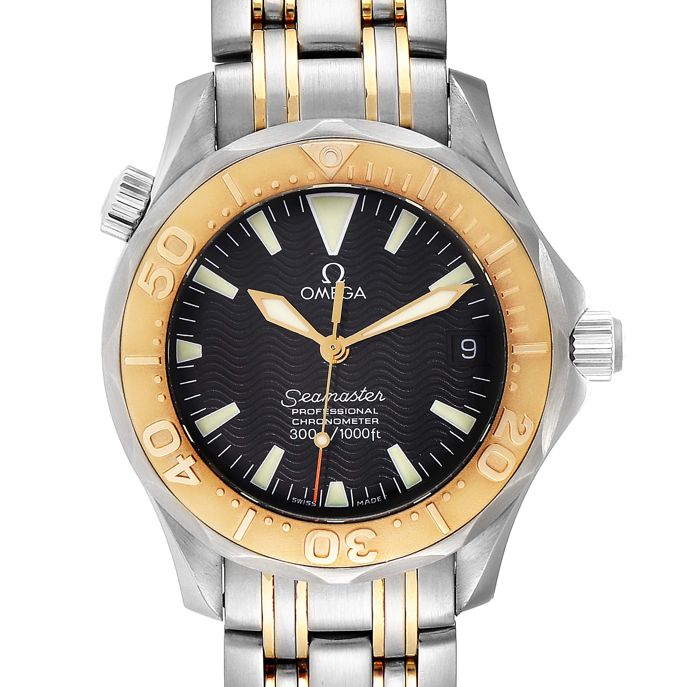 This Omega Seamaster 2453.50.00 Men's Steel and Gold (two tone) Black Dial 2453.50.00 Men's Steel and Gold (two tone) Black Dial watch is shown from the front, highlighting the dial, bezel, hands, and bracelet.