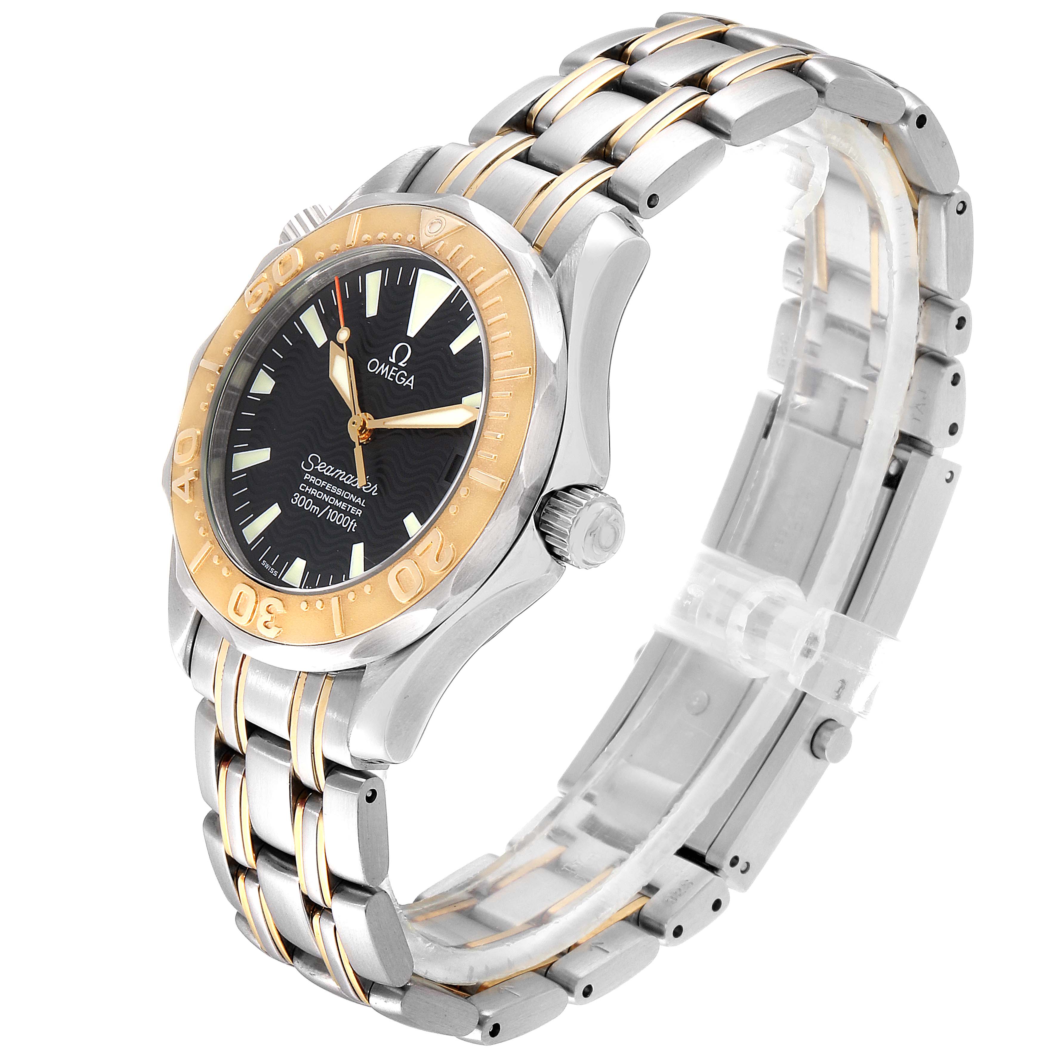 The Omega Seamaster 2453.50.00 Men's Steel and Gold (two tone) Black Dial 2453.50.00 Men's Steel and Gold (two tone) Black Dial watch is shown at a three-quarter angle, highlighting the dial, bezel, crown, and bracelet.