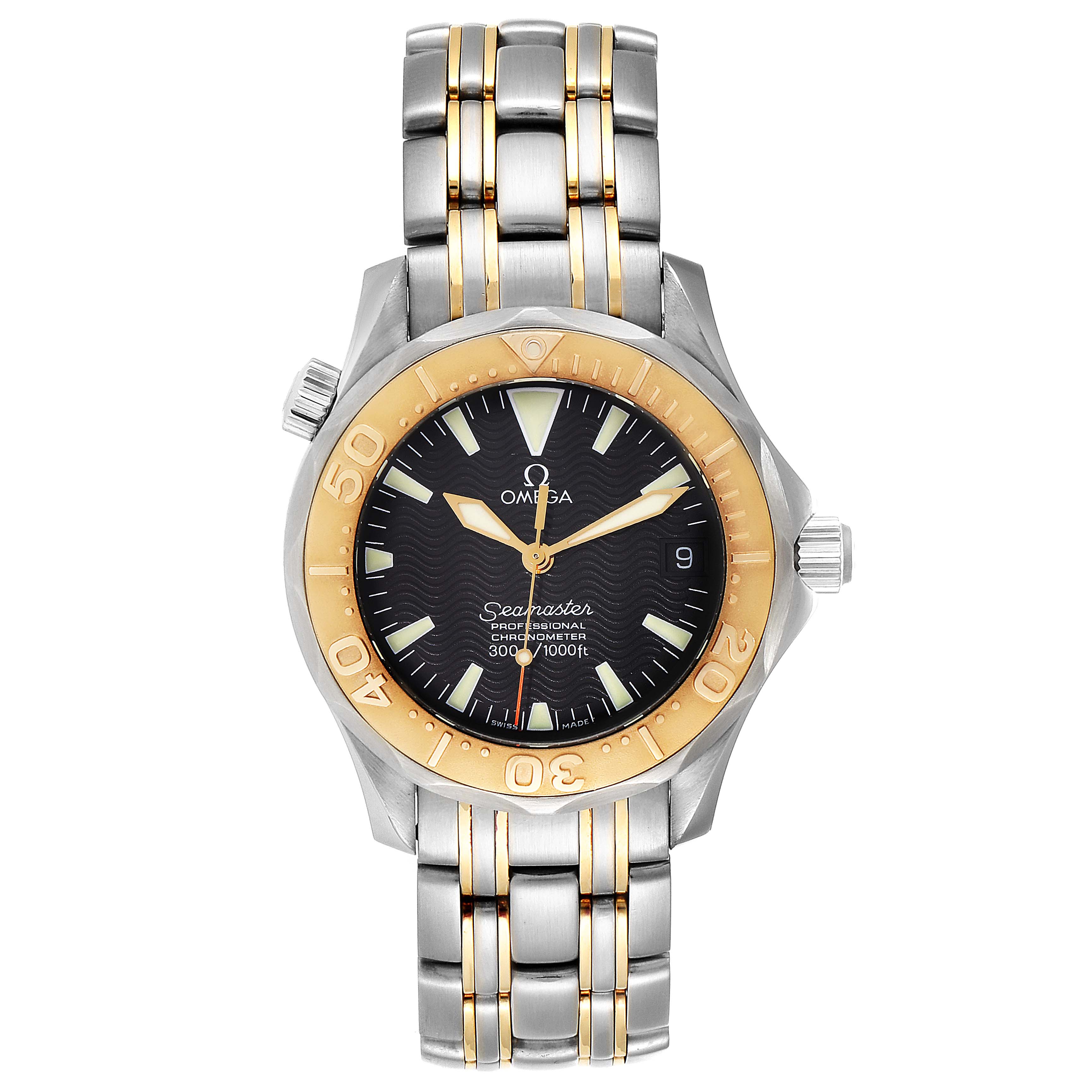 The image shows a front view of the Omega Seamaster 2453.50.00 Men's Steel and Gold (two tone) Black Dial 2453.50.00 Men's Steel and Gold (two tone) Black Dial watch, displaying the dial, bezel, crown, and stainless steel bracelet.