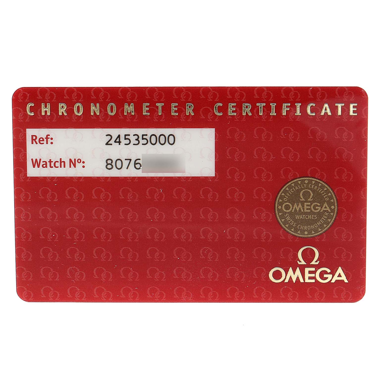 This image shows the chronometer certificate card for an Omega Seamaster 2453.50.00 Men's Steel and Gold (two tone) Black Dial 2453.50.00 Men's Steel and Gold (two tone) Black Dial watch, including reference and watch number details.