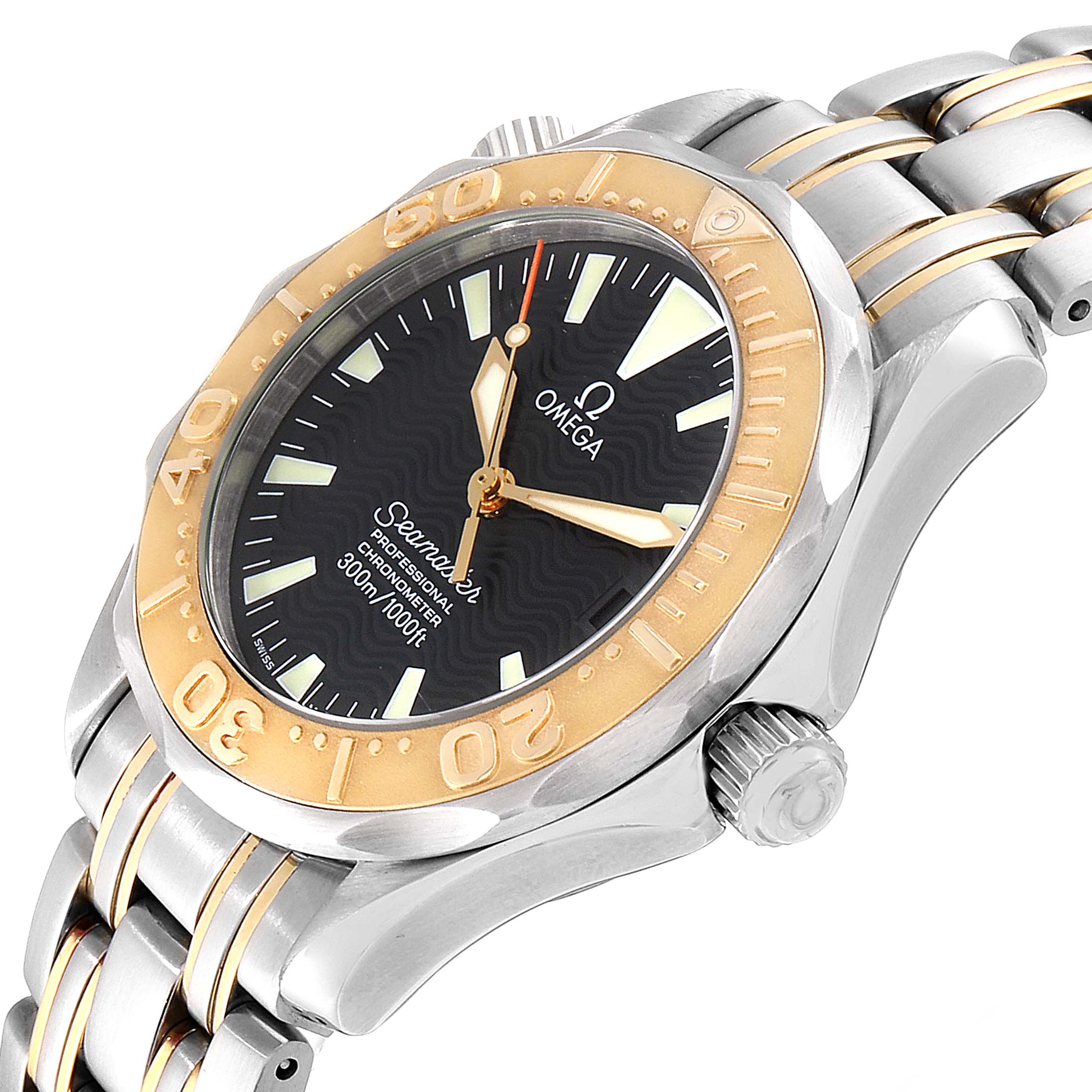 The image shows the dial, bezel, crown, and part of the bracelet of an Omega Seamaster 2453.50.00 Men's Steel and Gold (two tone) Black Dial 2453.50.00 Men's Steel and Gold (two tone) Black Dial watch from a tilted angle.