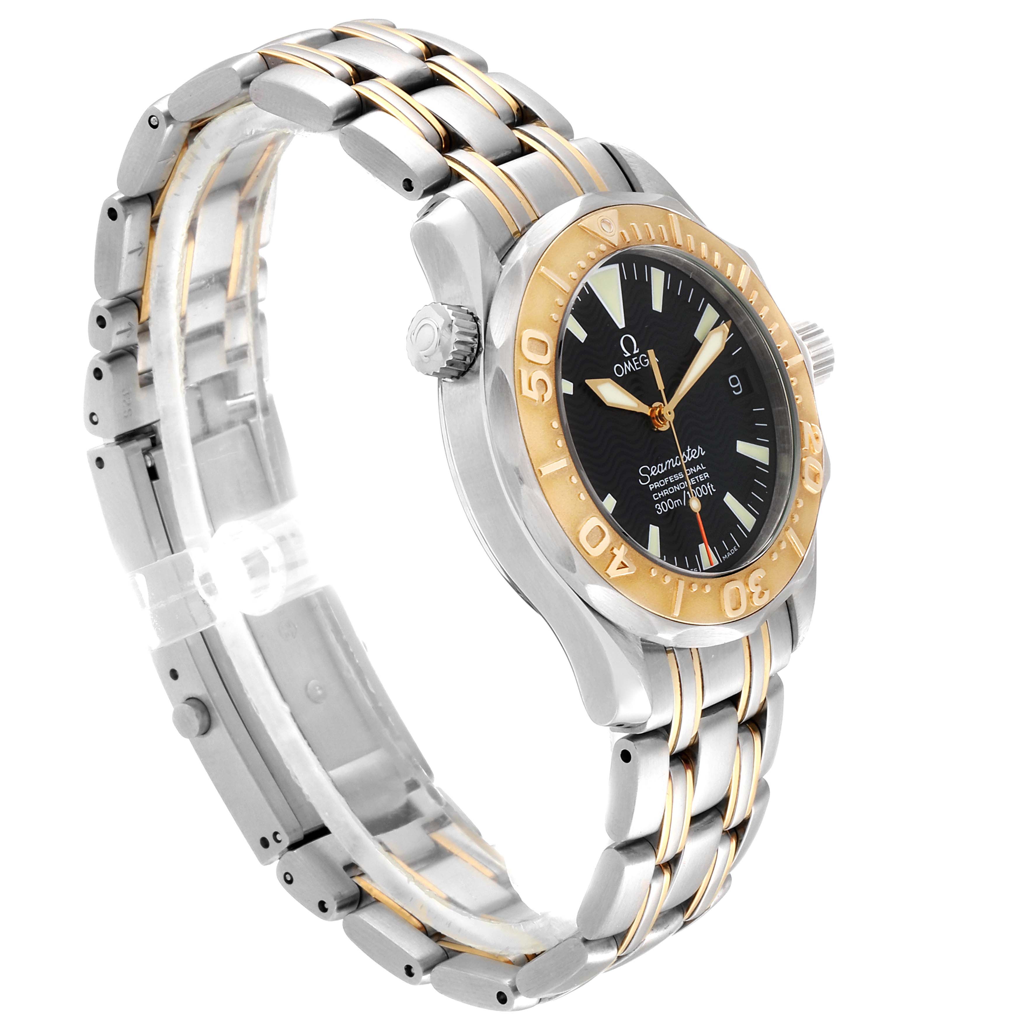 The image shows a side angle of an Omega Seamaster 2453.50.00 Men's Steel and Gold (two tone) Black Dial 2453.50.00 Men's Steel and Gold (two tone) Black Dial watch, highlighting the face, bezel, bracelet, and crown.