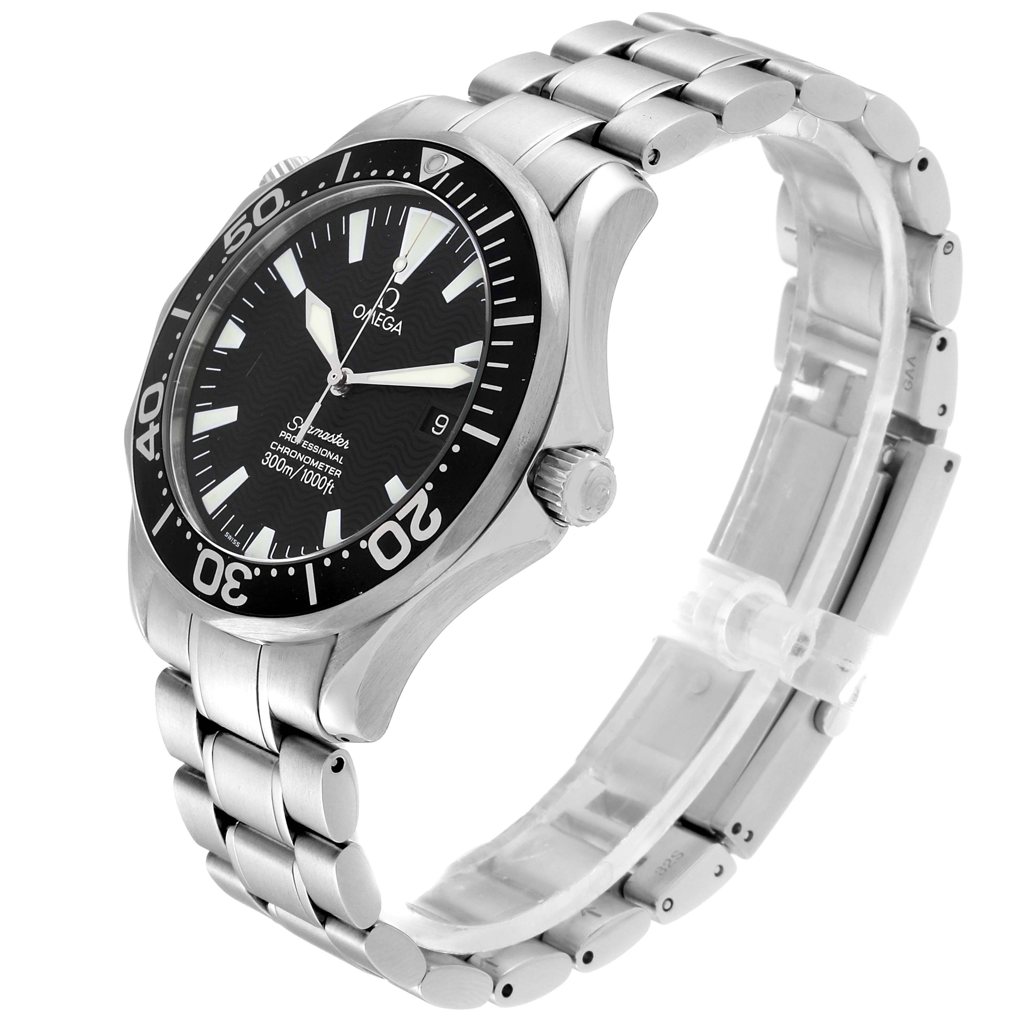 The image shows an angled view of an Omega Seamaster 2254.50.00 Men
s Stainless Steel Black Dial 2254.50.00 Men
s Stainless Steel Black Dial watch highlighting the bezel, face, crown, and bracelet.