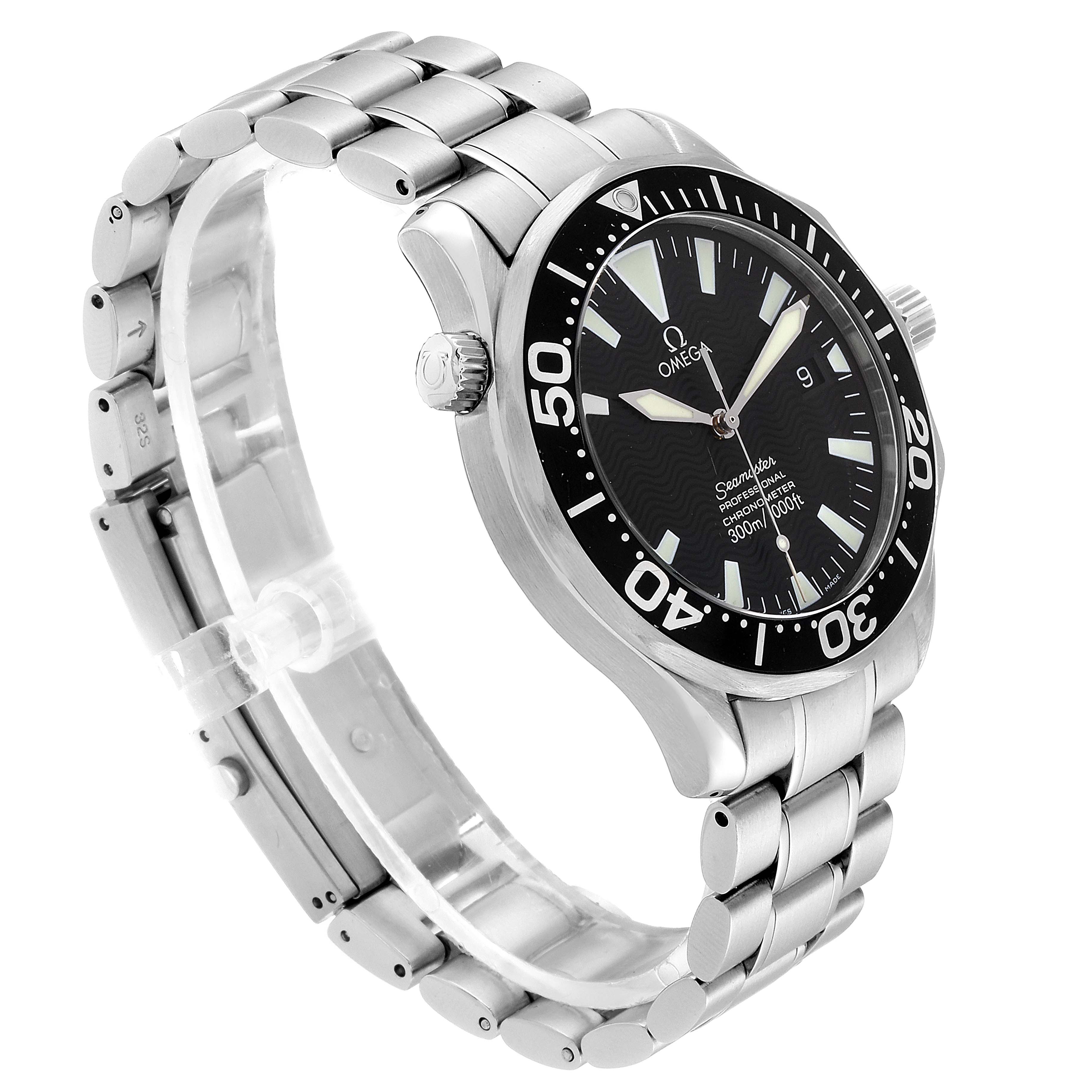 The image shows a side-angle view of an Omega Seamaster 2254.50.00 Men
s Stainless Steel Black Dial 2254.50.00 Men
s Stainless Steel Black Dial watch, highlighting the bracelet, case, crown, and bezel.
