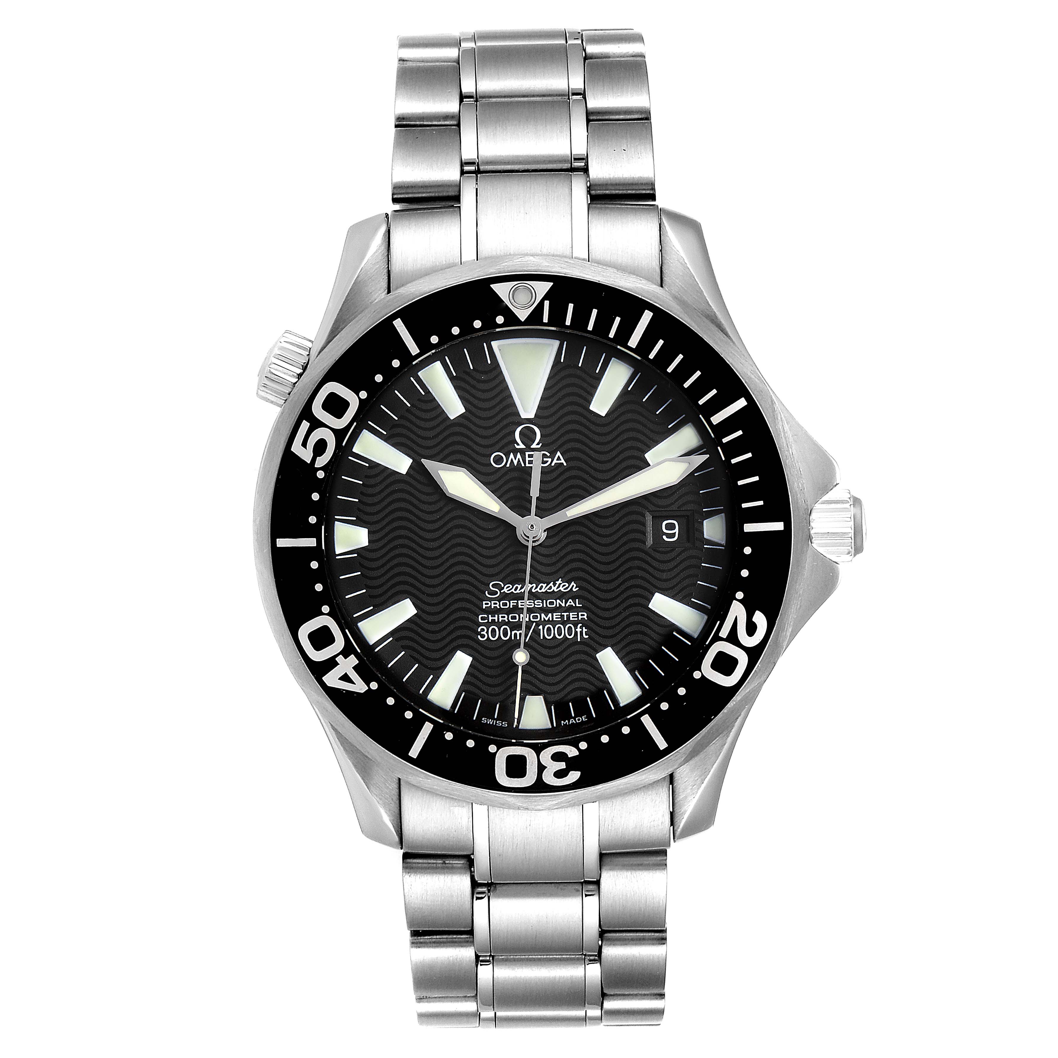 The image shows a front view of an Omega Seamaster 2254.50.00 Men
s Stainless Steel Black Dial 2254.50.00 Men
s Stainless Steel Black Dial watch, highlighting its face, bezel, crown, and stainless steel bracelet.