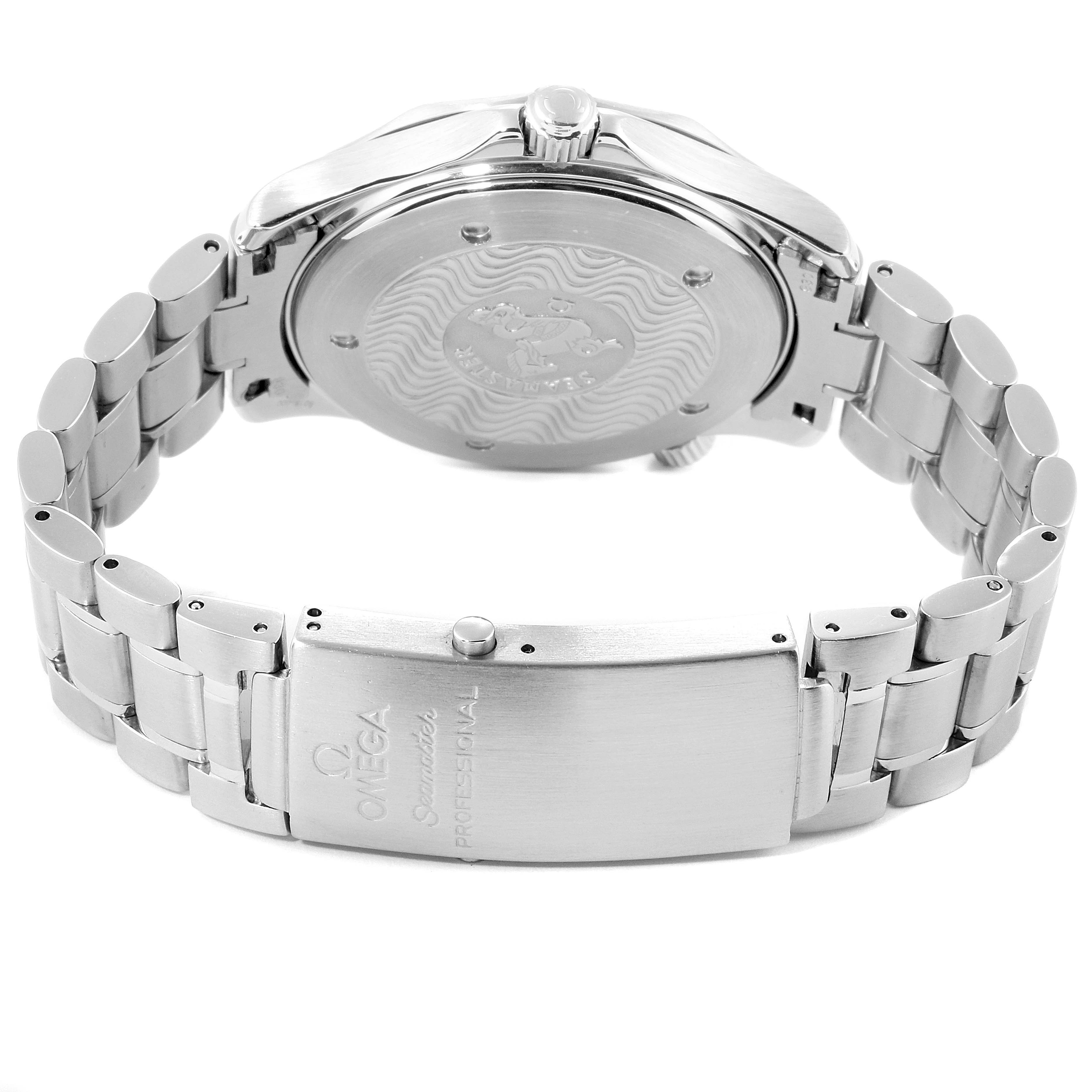 The image shows the back and clasp of an Omega Seamaster 2254.50.00 Men
s Stainless Steel Black Dial 2254.50.00 Men
s Stainless Steel Black Dial watch, highlighting its bracelet and engraved case back.