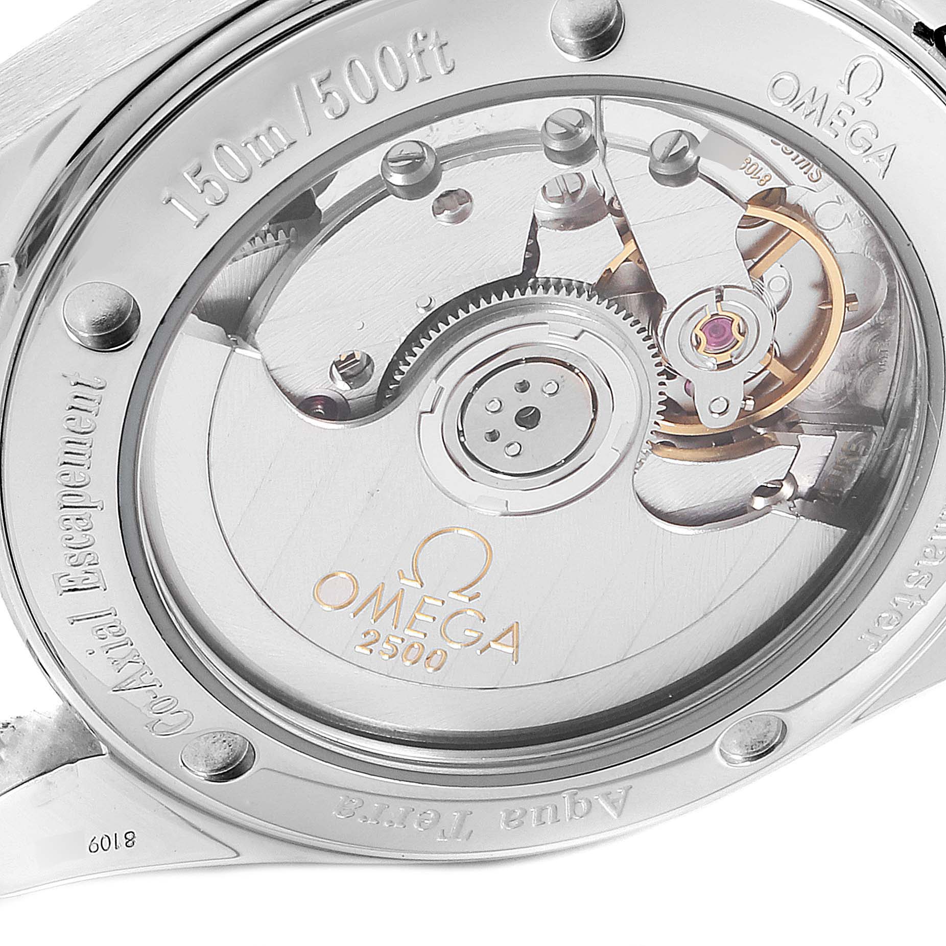 This image shows the back view of an Omega Aqua Terra 2504.80.00 Men
s Stainless Steel Blue Dial 2504.80.00 Men
s Stainless Steel Blue Dial watch, highlighting the inner workings and Co-Axial escapement mechanism.
