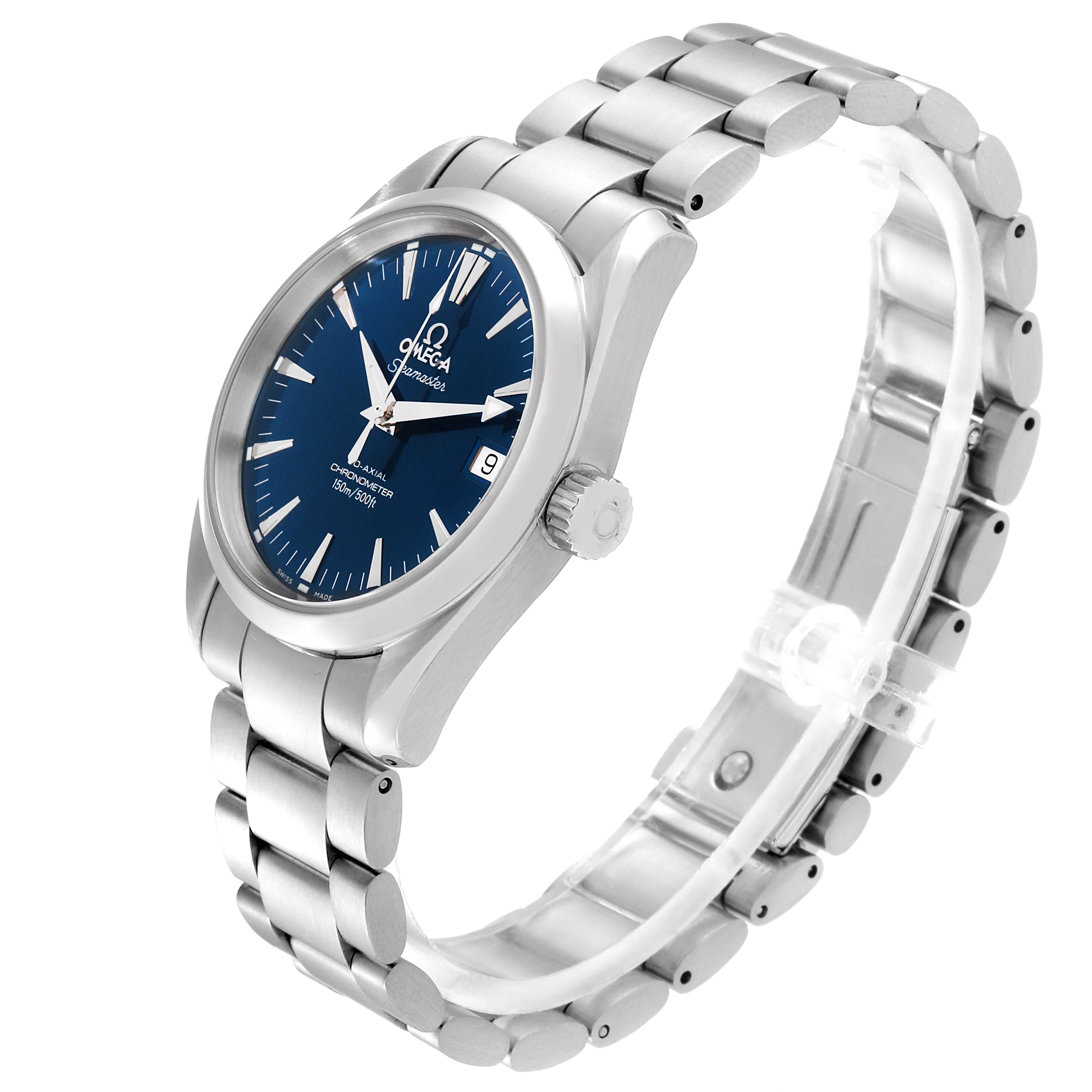 The image shows an Omega Aqua Terra 2504.80.00 Men
s Stainless Steel Blue Dial 2504.80.00 Men
s Stainless Steel Blue Dial watch at an angle displaying the face, crown, and bracelet.