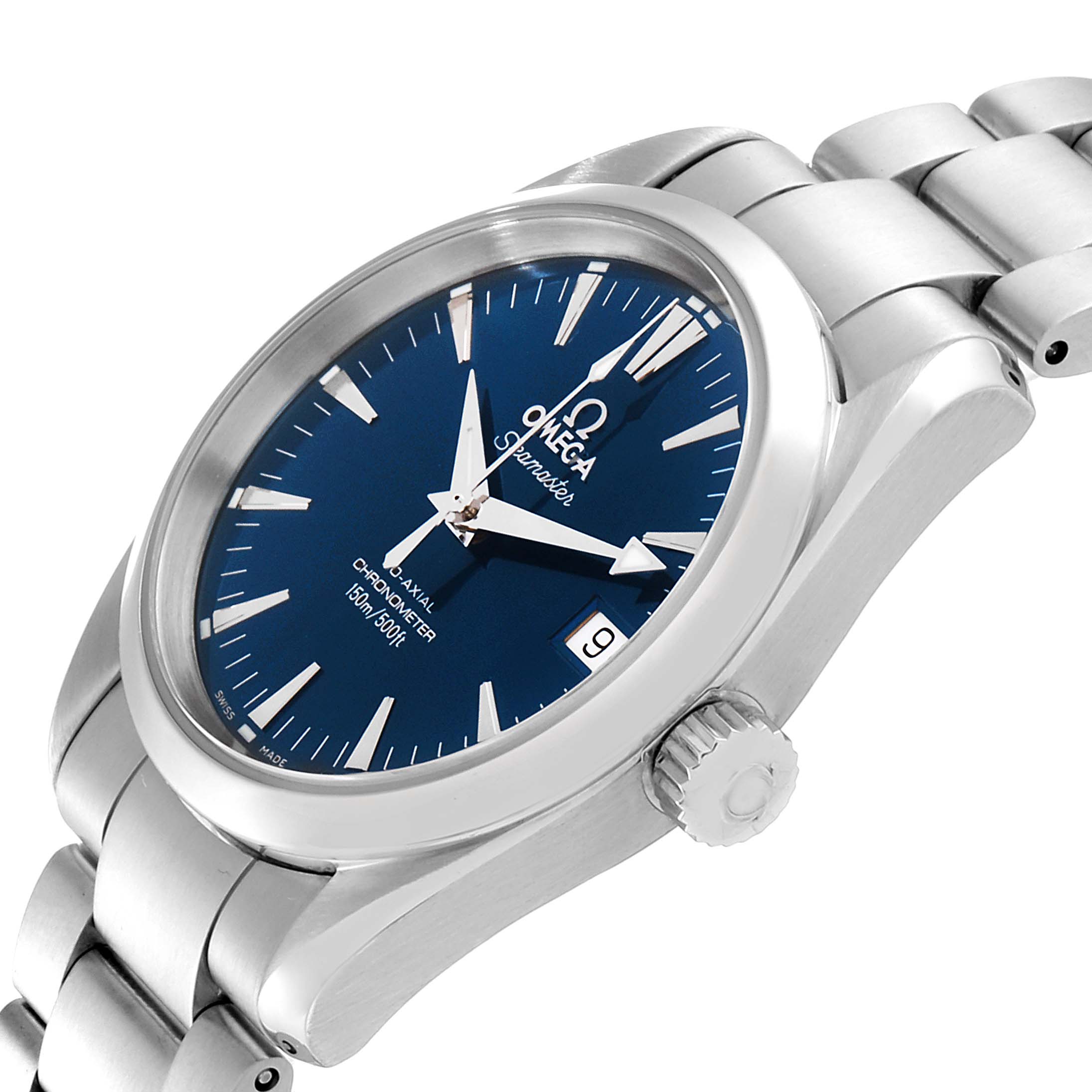 The Omega Aqua Terra 2504.80.00 Men
s Stainless Steel Blue Dial 2504.80.00 Men
s Stainless Steel Blue Dial watch is angled to show the face, crown, and part of the bracelet.