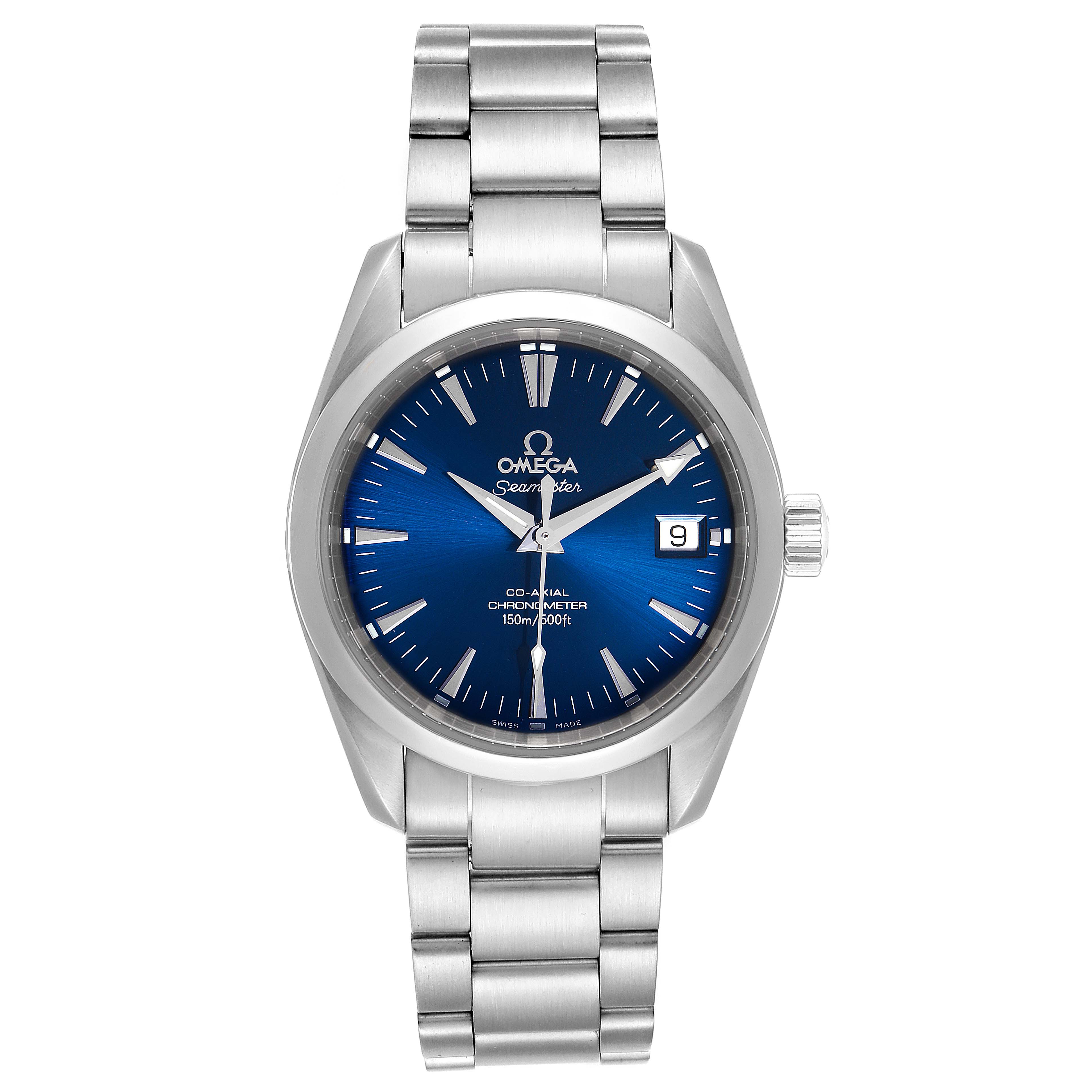 The Omega Aqua Terra 2504.80.00 Men
s Stainless Steel Blue Dial 2504.80.00 Men
s Stainless Steel Blue Dial watch is shown from a top-down angle, displaying its dial, bezel, crown, and bracelet.