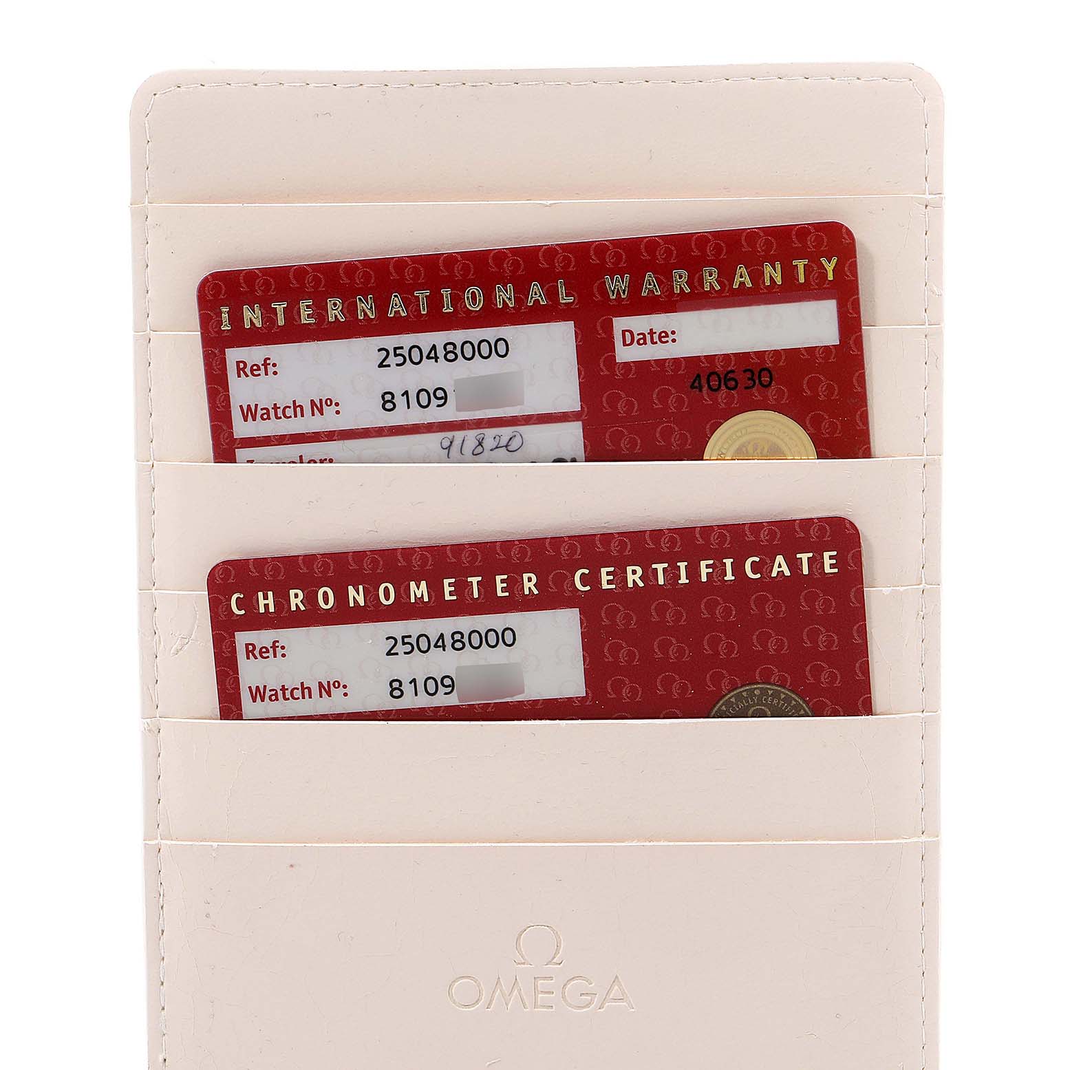 The image shows the warranty and chronometer certificate cards for the Omega Aqua Terra 2504.80.00 Men
s Stainless Steel Blue Dial 2504.80.00 Men
s Stainless Steel Blue Dial model.