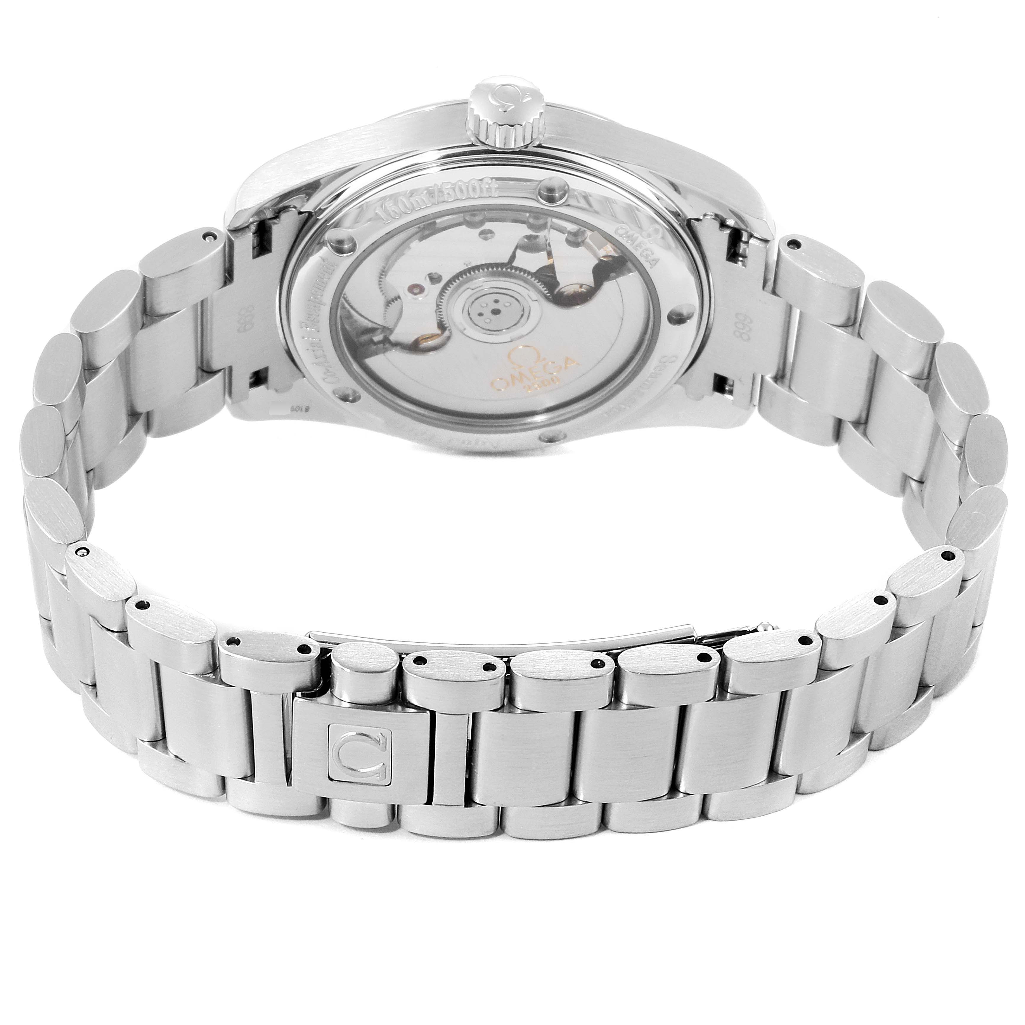 The image shows the back view of an Omega Aqua Terra 2504.80.00 Men
s Stainless Steel Blue Dial 2504.80.00 Men
s Stainless Steel Blue Dial watch, highlighting its transparent case back and stainless steel bracelet.