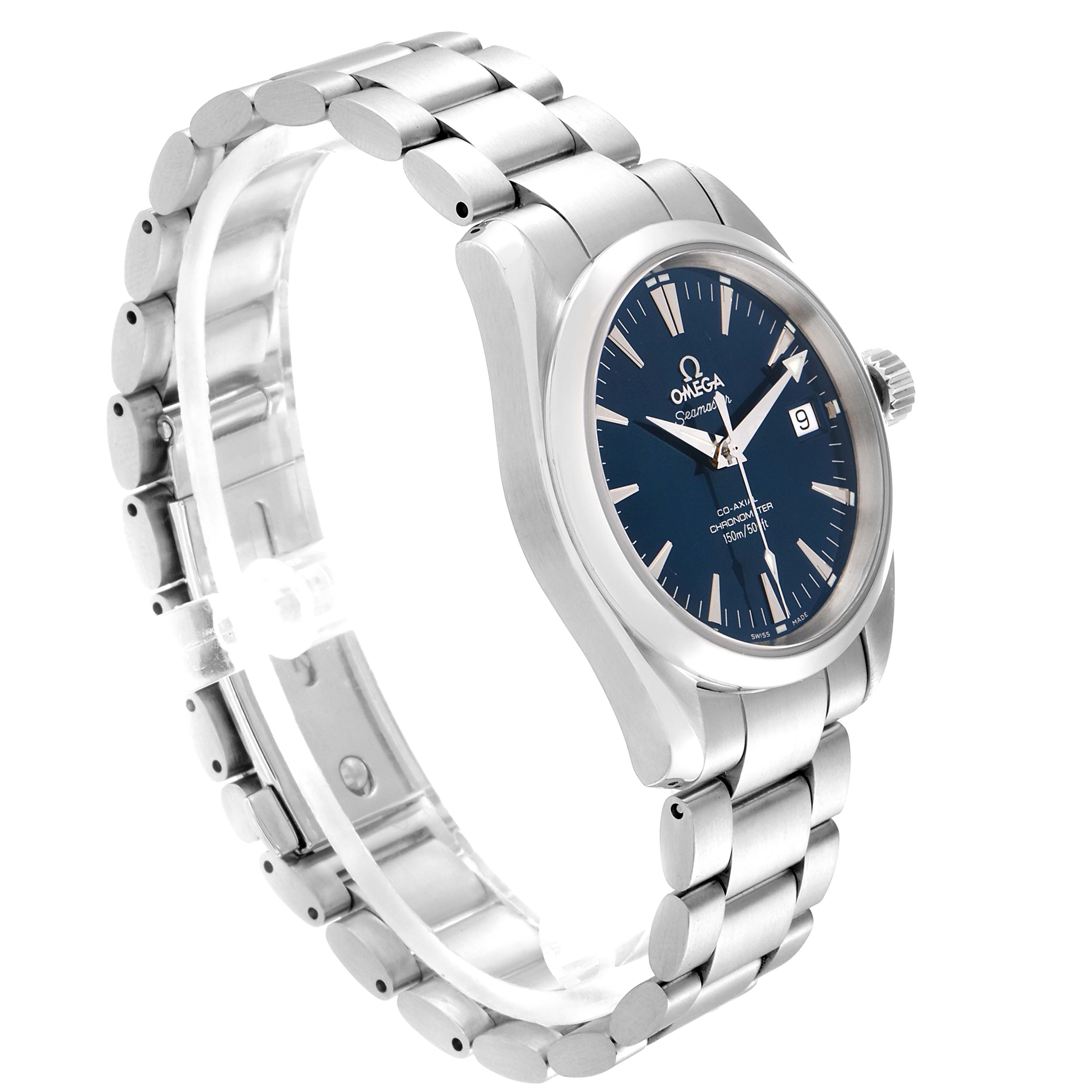 The image shows a side angle of the Omega Aqua Terra 2504.80.00 Men
s Stainless Steel Blue Dial 2504.80.00 Men
s Stainless Steel Blue Dial watch, showcasing its stainless steel bracelet and blue dial.